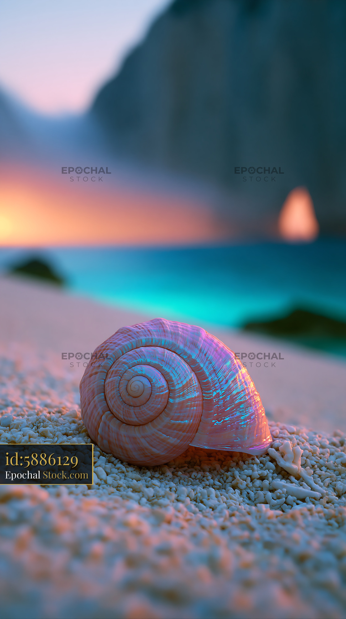 Iridescent sea shell on white sand beach at sunset in a hidden paradis - stock photo