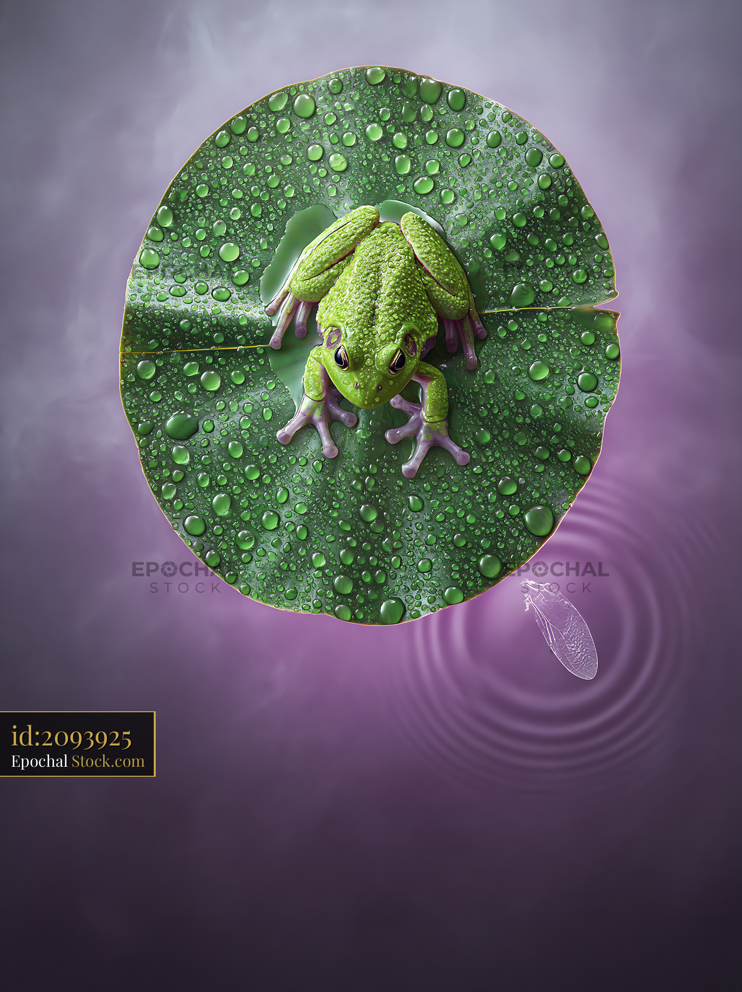 Green frog sitting on a wet lily pad in a misty purple pond - stock photo