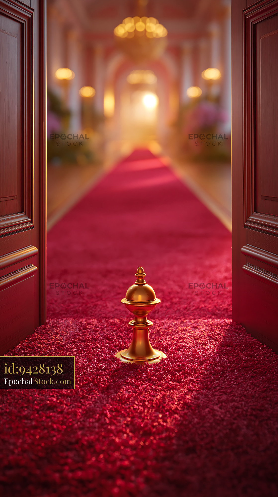 Golden ornament on a red carpet path leading into a grand hall - stock photo
