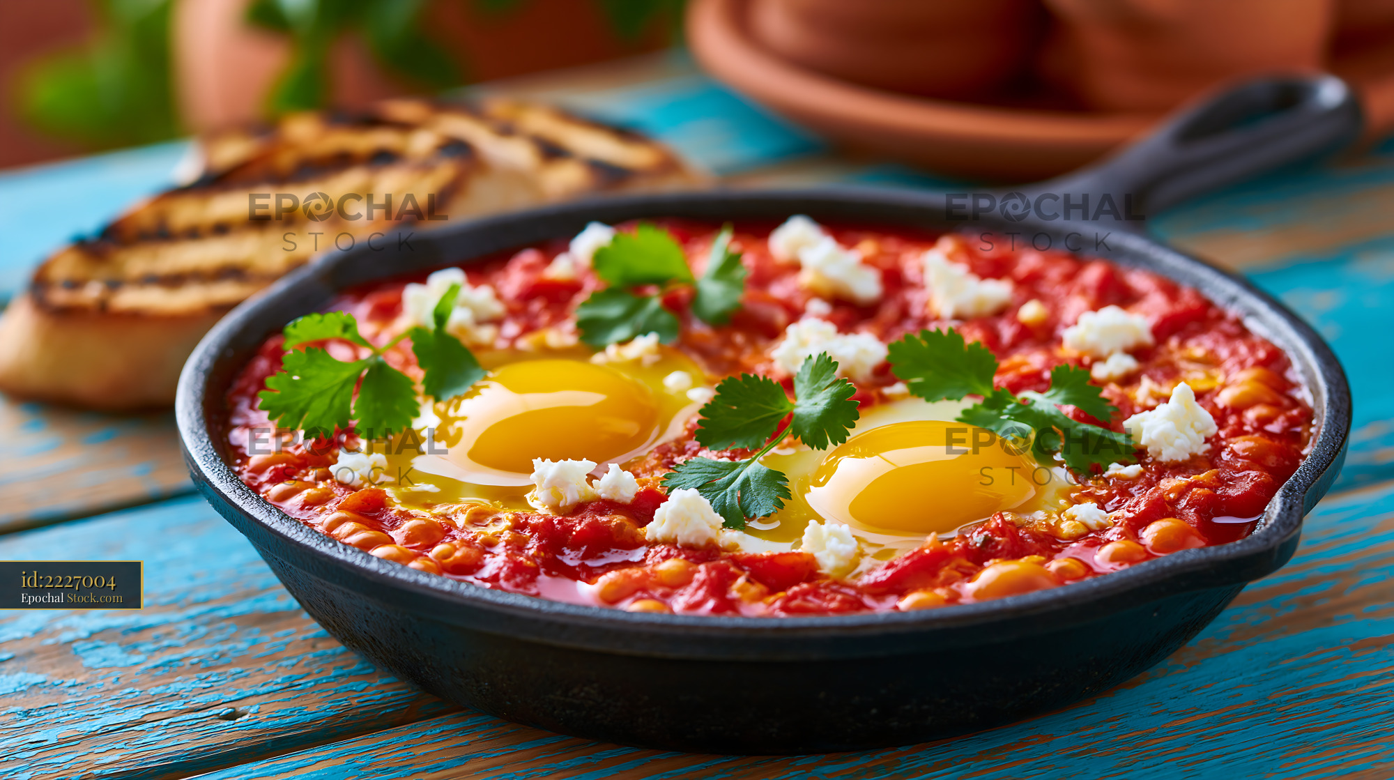 Traditional shakshuka egg food with feta cheese in a cast iron pan - stock photo