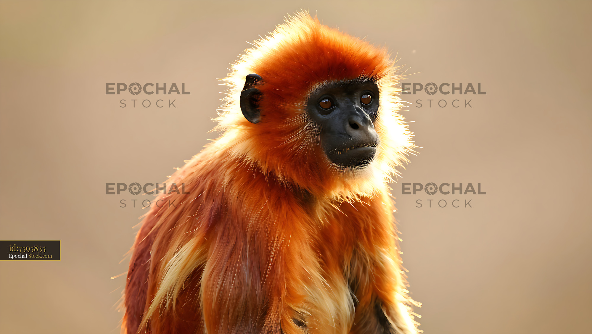 Francois' langur with vibrant orange fur in golden hour sunlight - stock photo