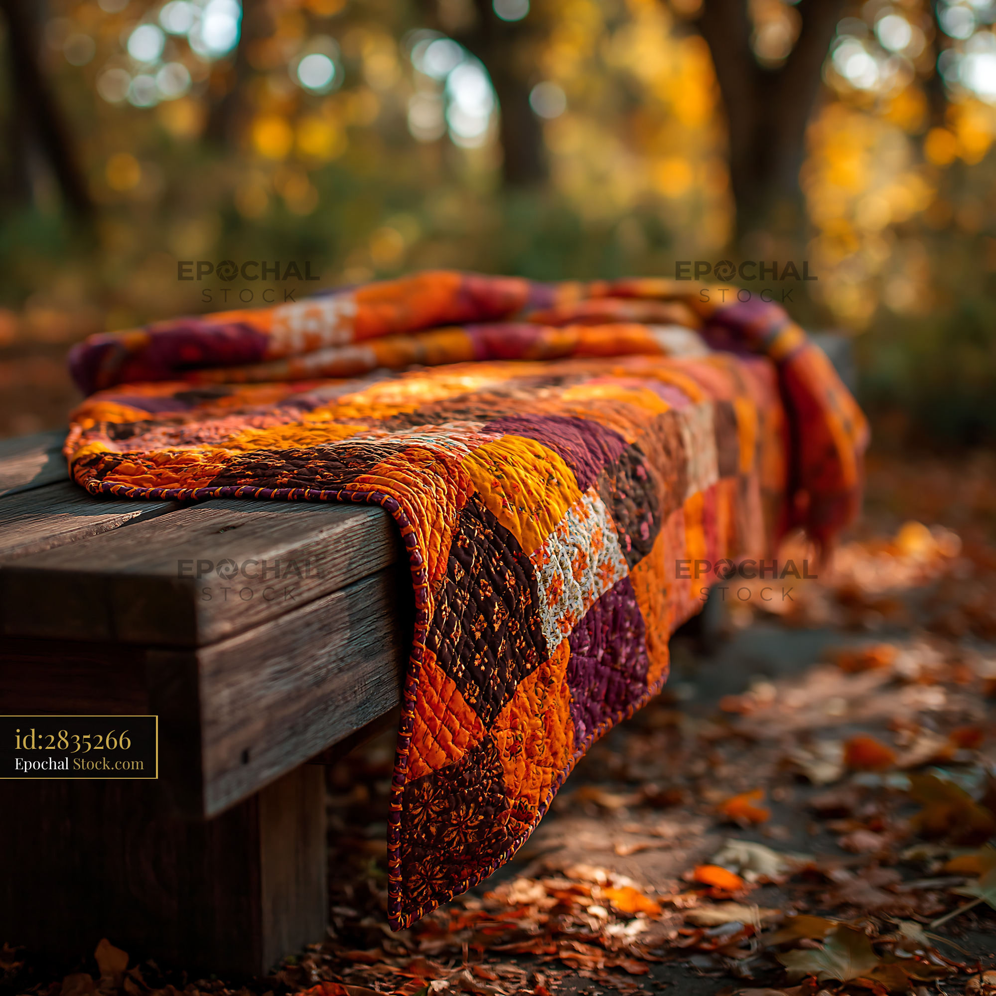 Patchwork quilt on a rustic wooden seat in a golden autumn forest - stock photo
