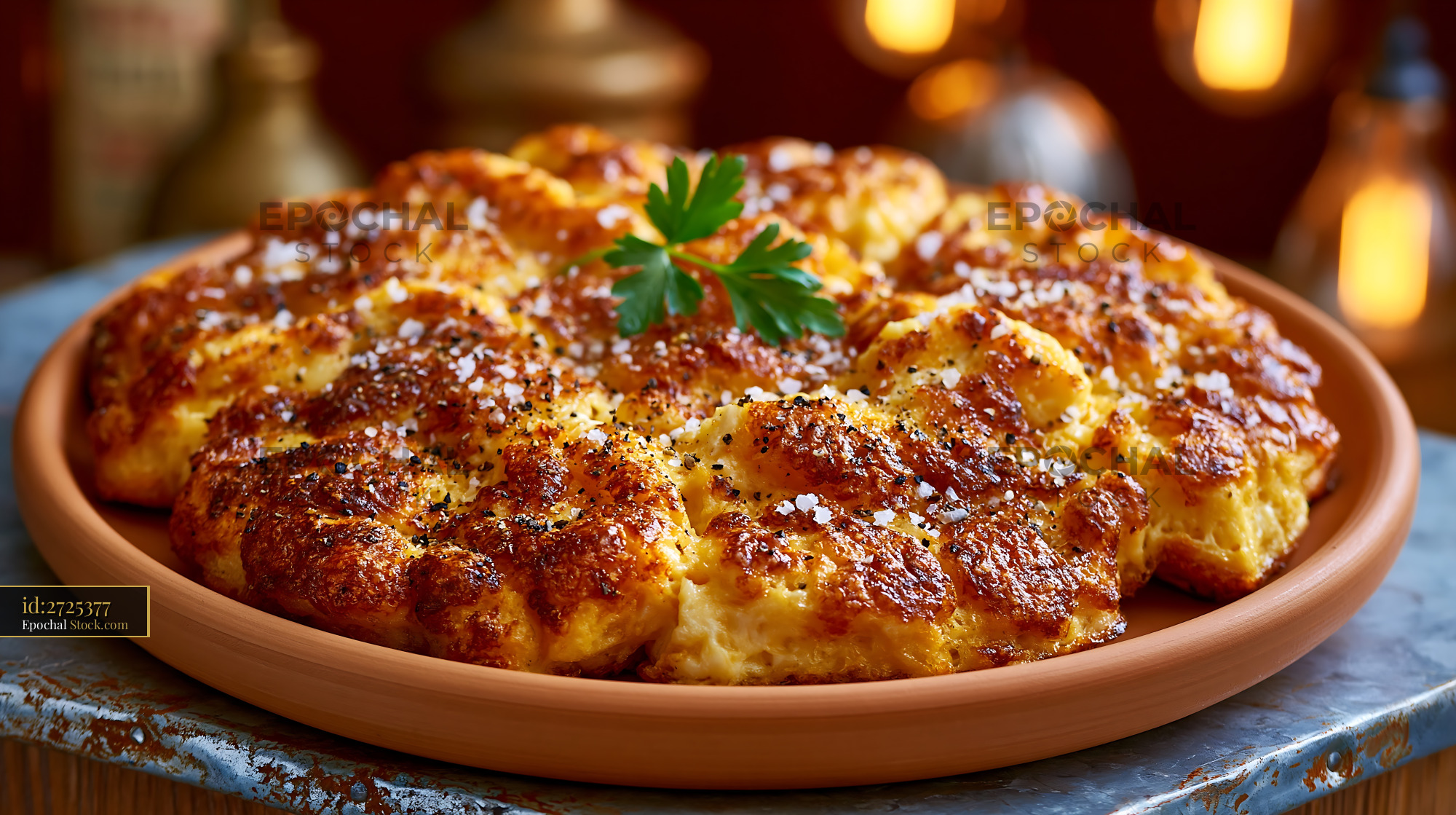 Golden matzah brei with eggs and parsley on a rustic plate - stock photo