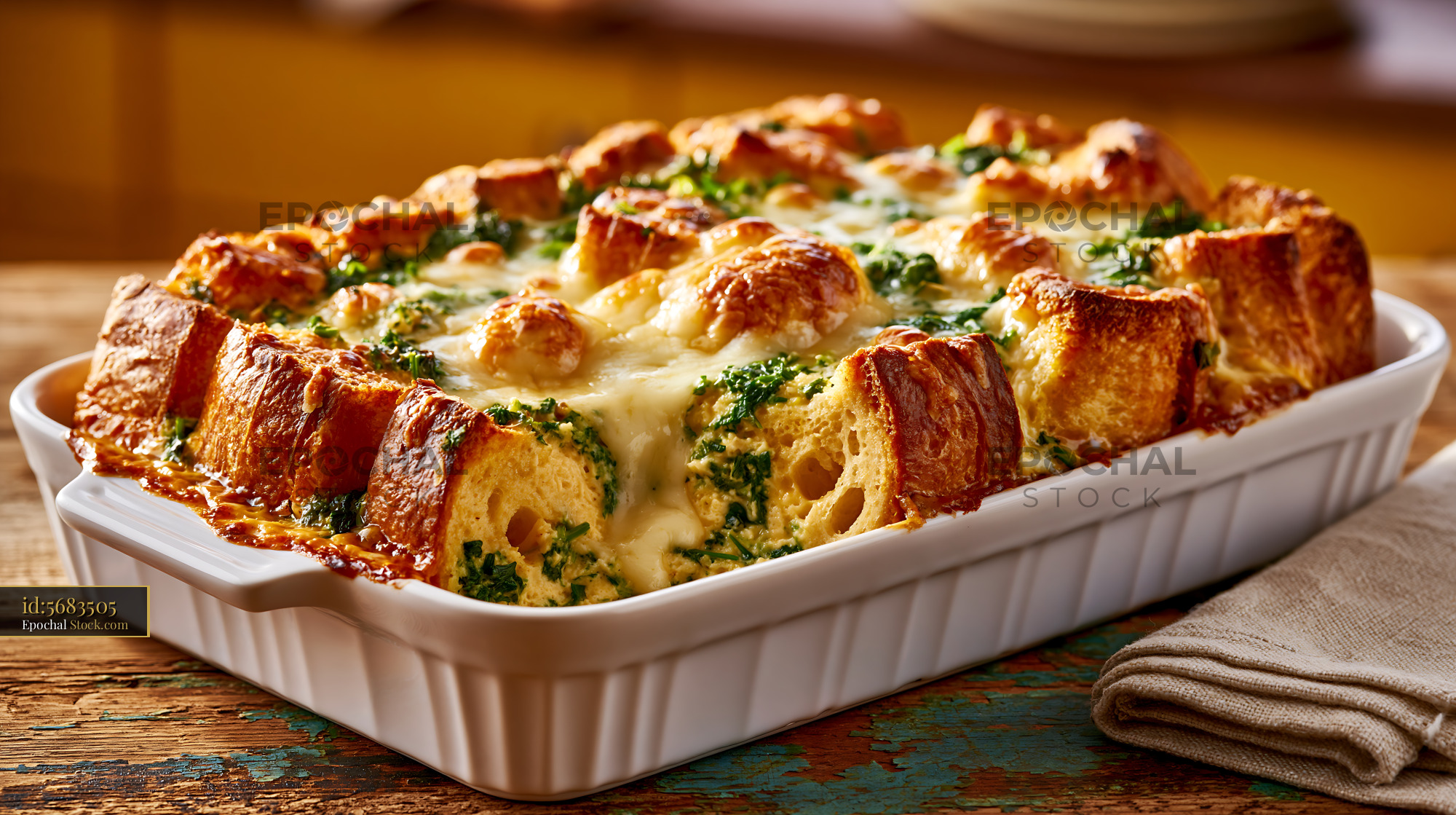 Savory strata egg food with melted cheese and spinach in a white dish - stock photo