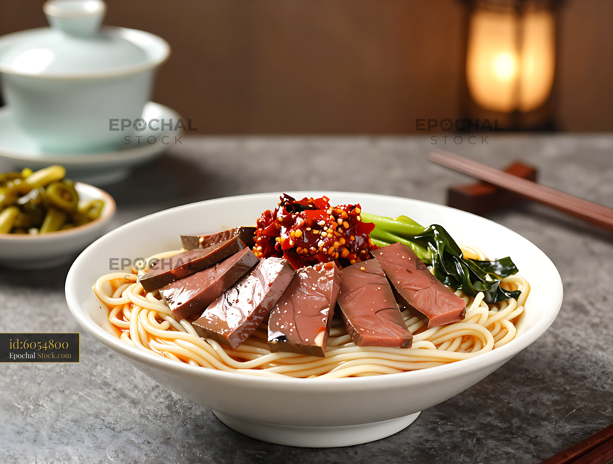 Guiyang Chang Wang Mian noodle soup with blood curd and chili oil - stock photo