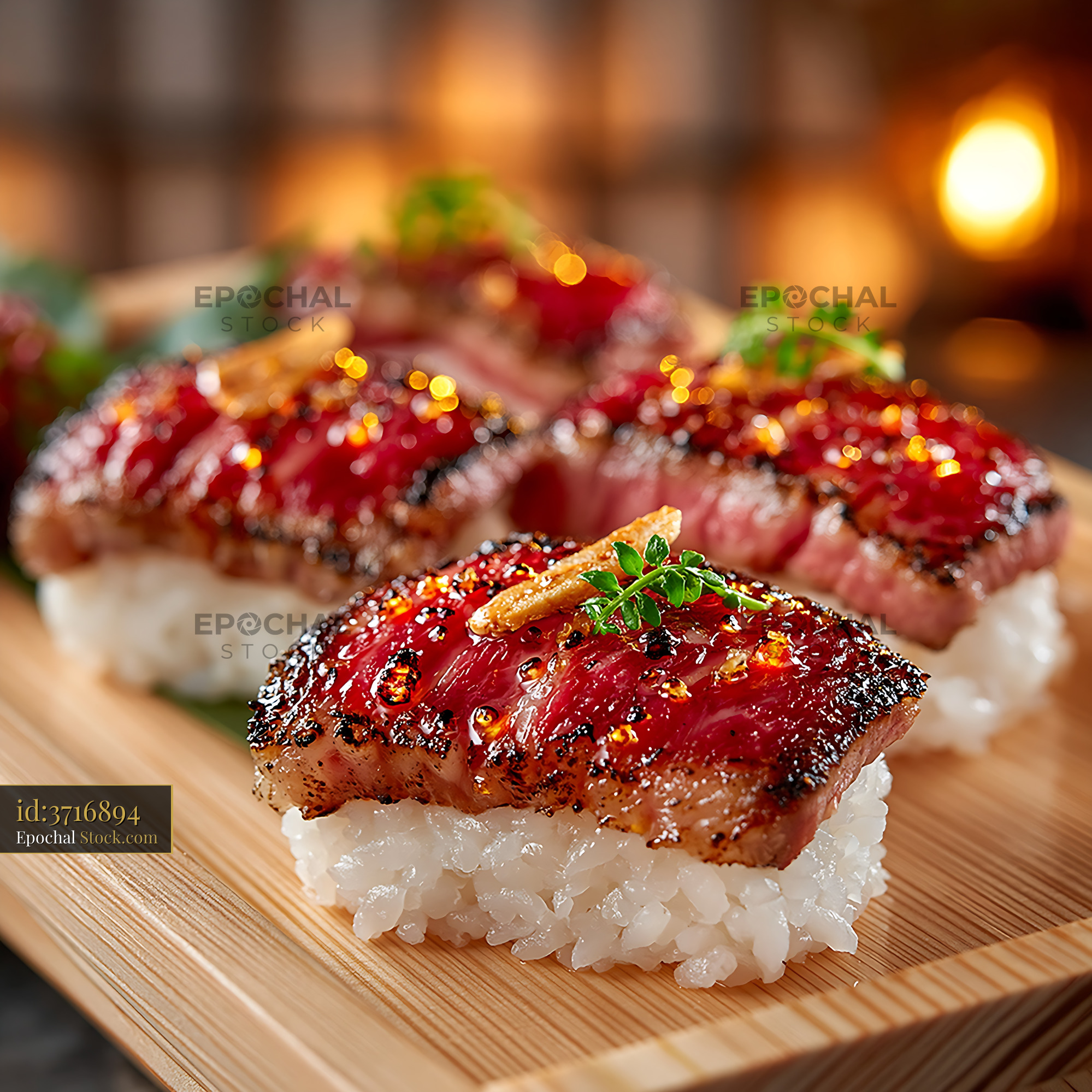 Glistening seared aburi wagyu sushi on a wooden serving board - stock photo