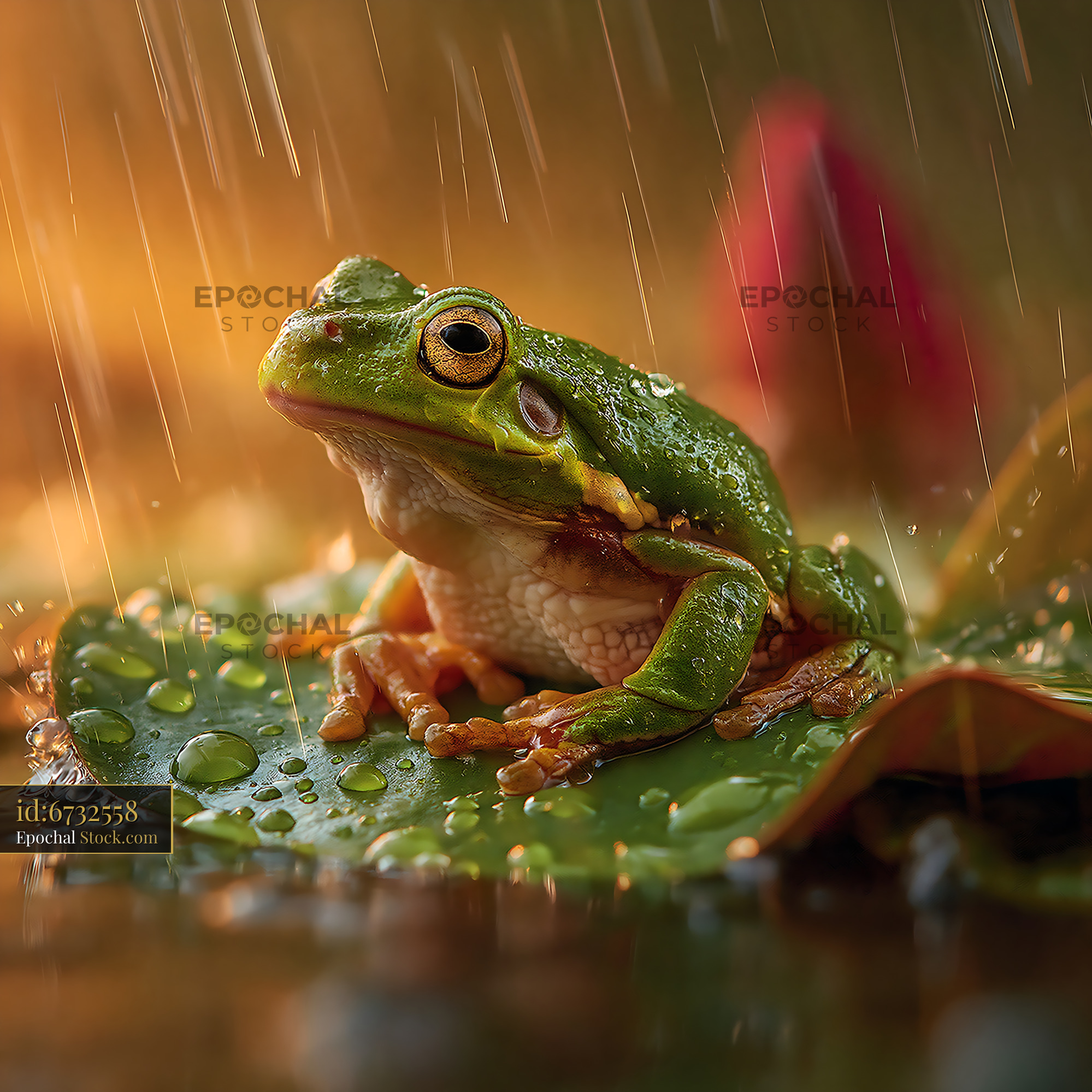 Green tree frog sitting on a lily pad during a summer rain shower - stock photo