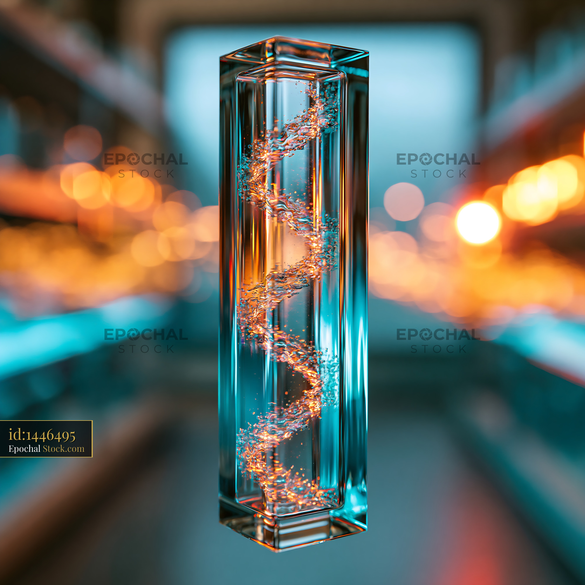 Glowing DNA double helix inside a glass prism in a high-tech lab - stock photo
