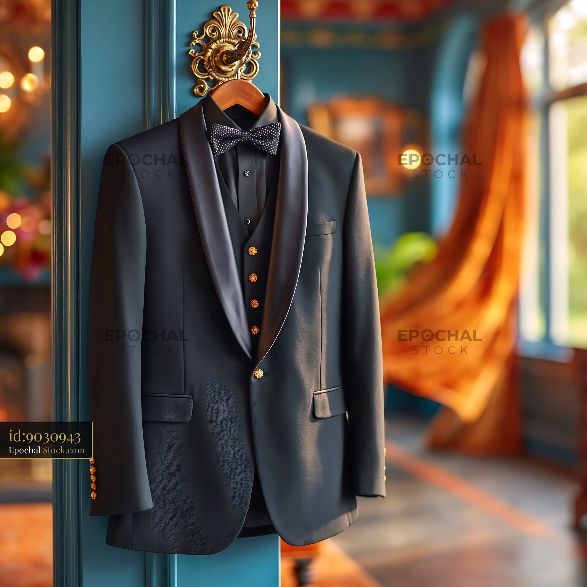 Elegant black tuxedo jacket hanging on a hook in a dressing room - stock photo
