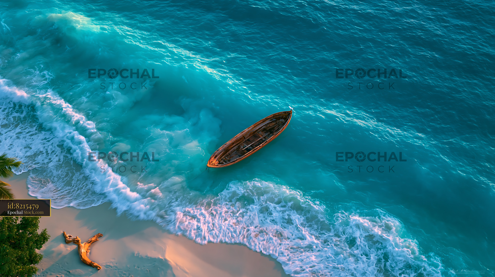 Wooden boat floating on turquoise ocean waves near a sandy beach - stock photo