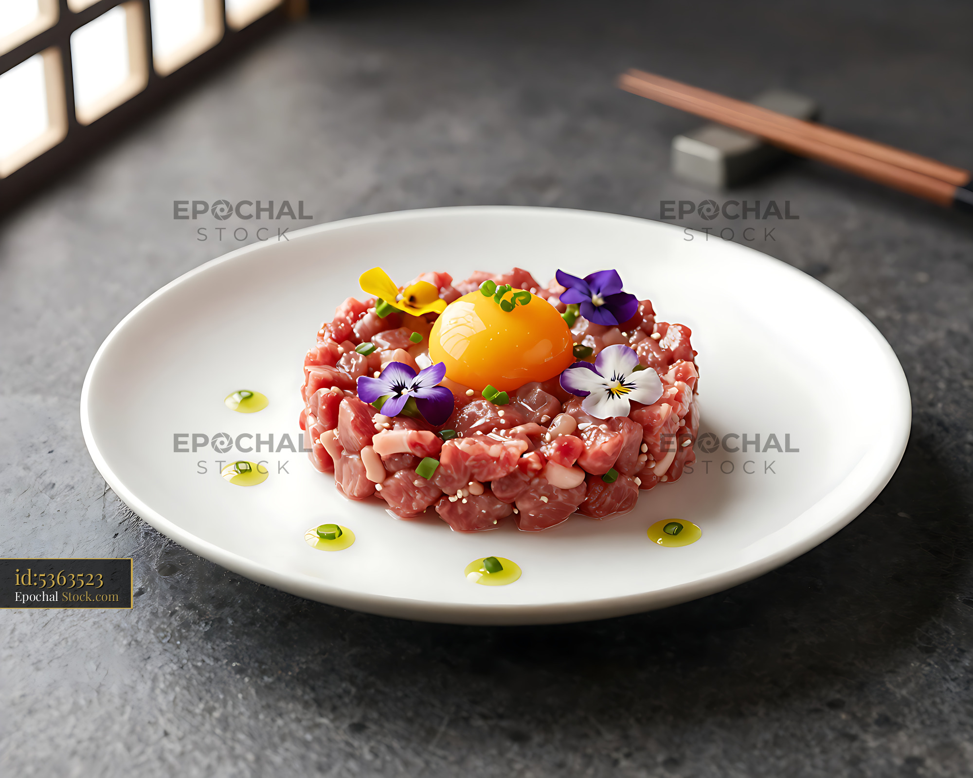 A5 Wagyu tartare Chinese-style with raw egg yolk and edible flowers - stock photo