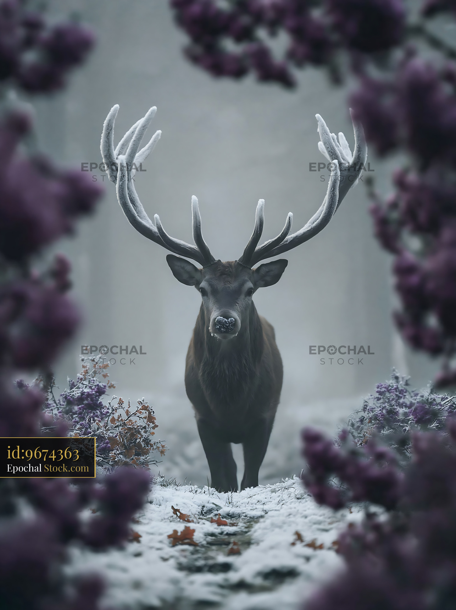 Majestic stag with frosted antlers in a misty winter forest