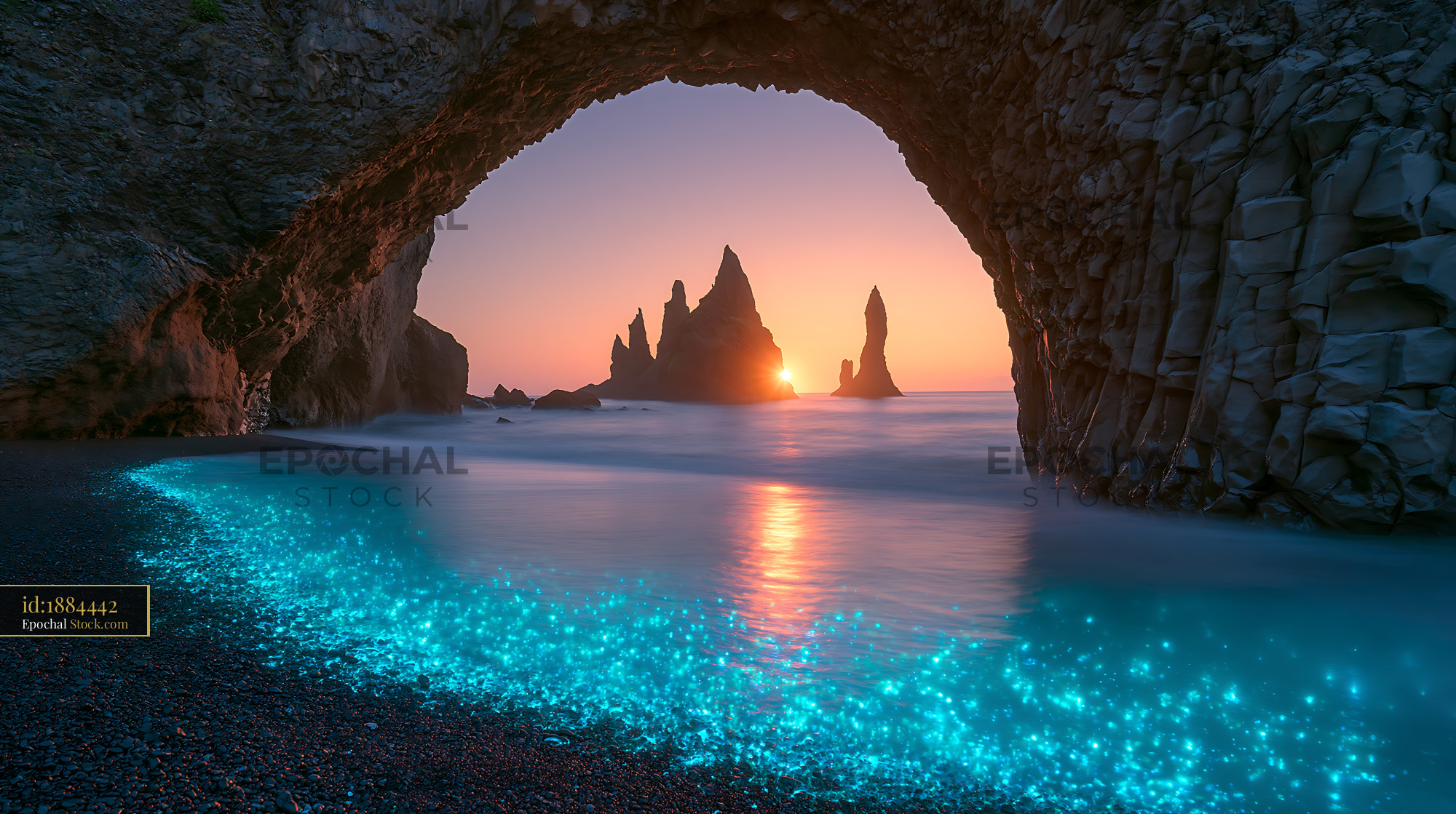 Bioluminescent plankton glowing on black sand beach at sunrise - stock photo