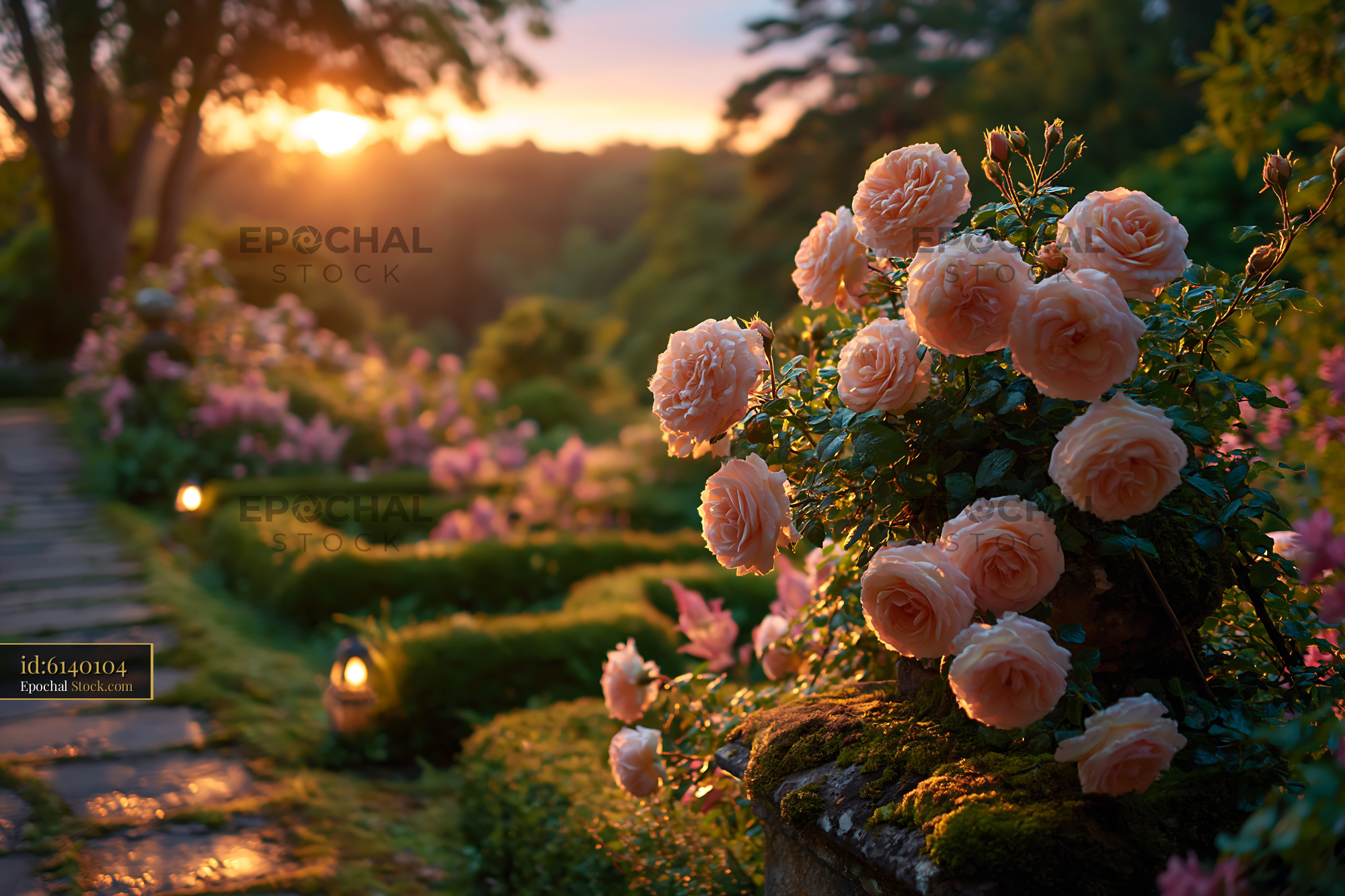 Peach roses blooming in a formal English garden at sunset - stock photo