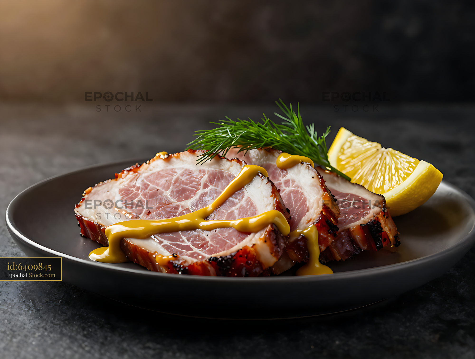 Slices of Swedish Kokt Skinka with mustard sauce and fresh dill - stock photo