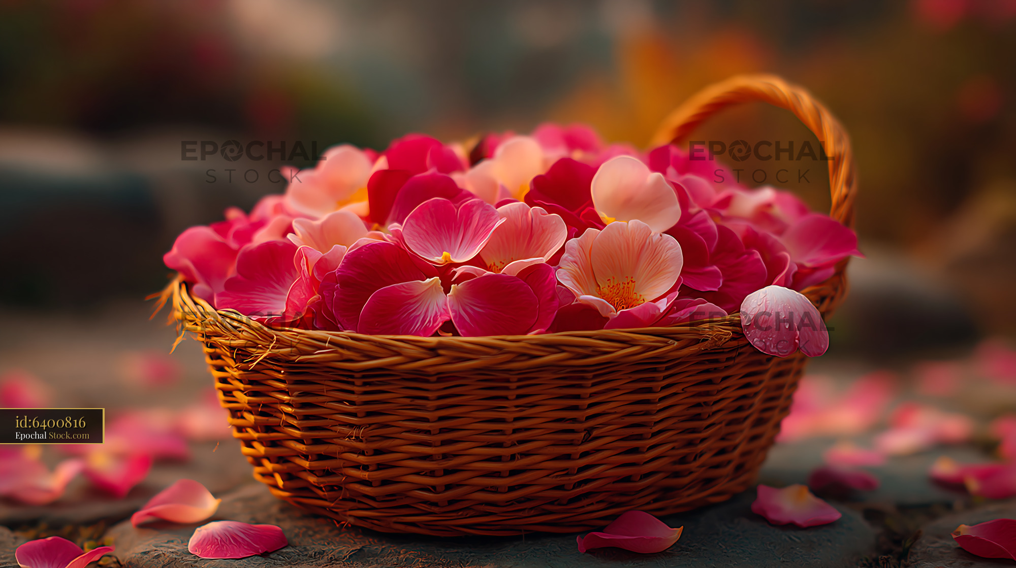 Wicker basket overflowing with pink rose petals in warm evening light - stock photo