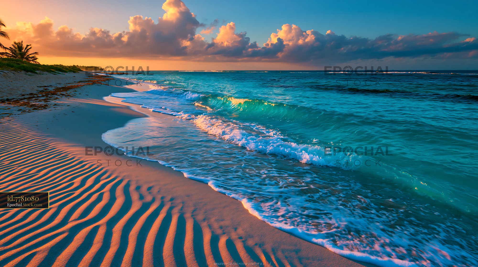 Tropical beach with turquoise ocean and sand ripples at sunset - stock photo