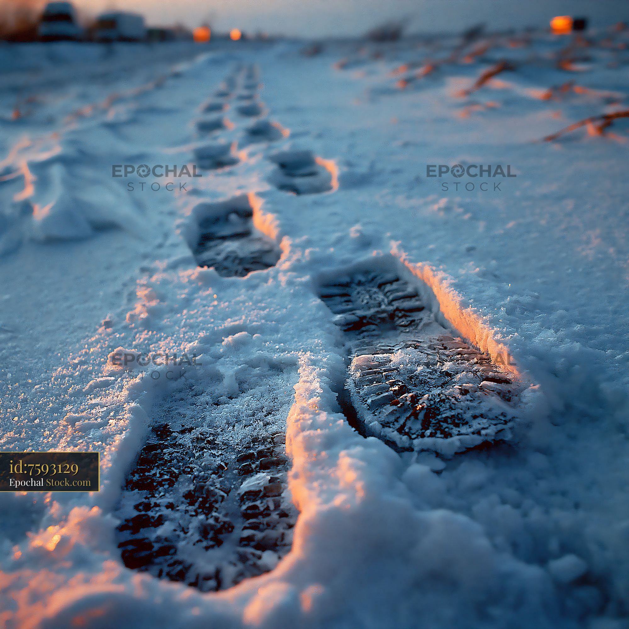 Footprints in deep snow leading across a winter field at sunset - stock photo