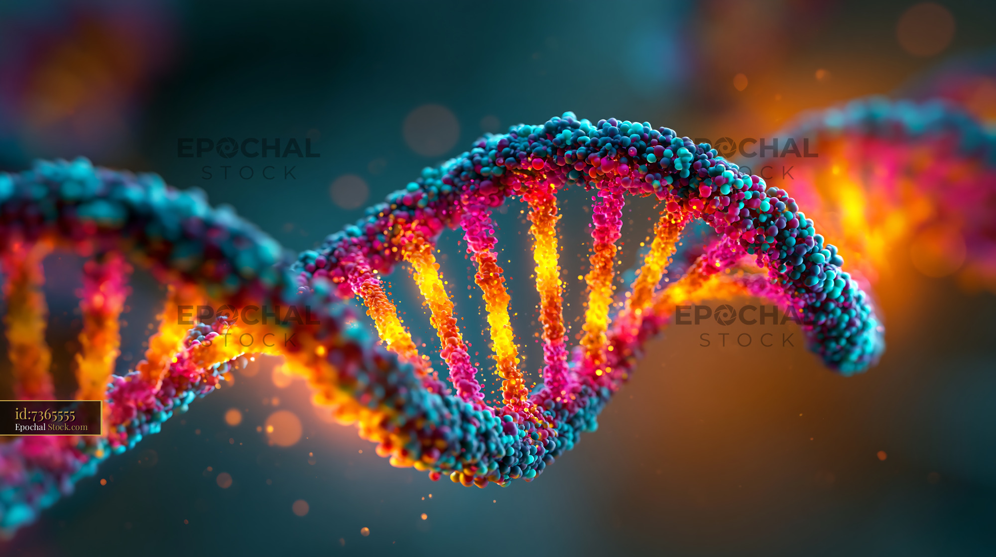 Colorful DNA double helix model with glowing molecular particles