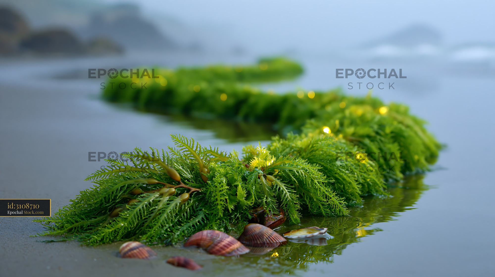 Green seaweed with glowing lights on a foggy beach with seashells - stock photo