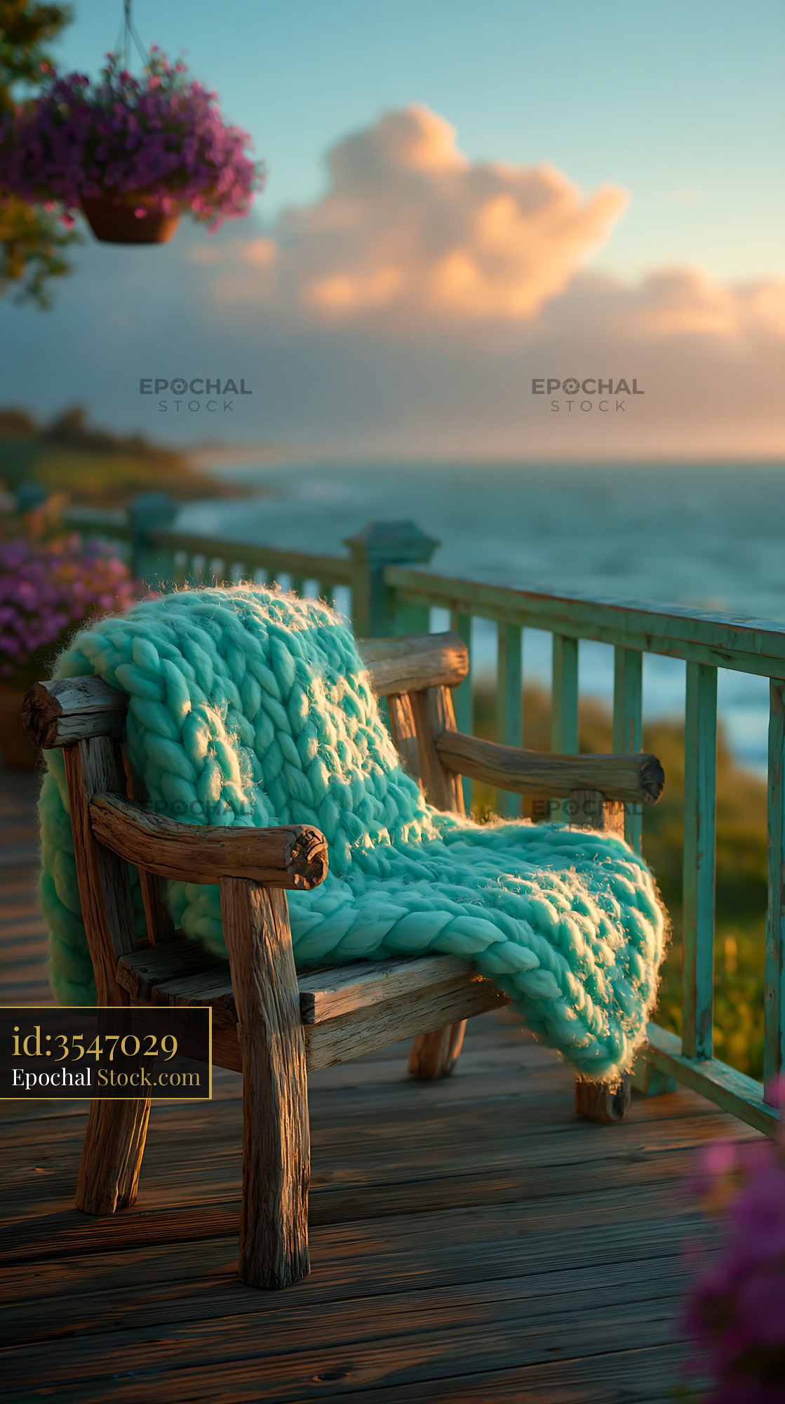 Turquoise chunky knit blanket on rustic chair by the sea at sunset - stock photo