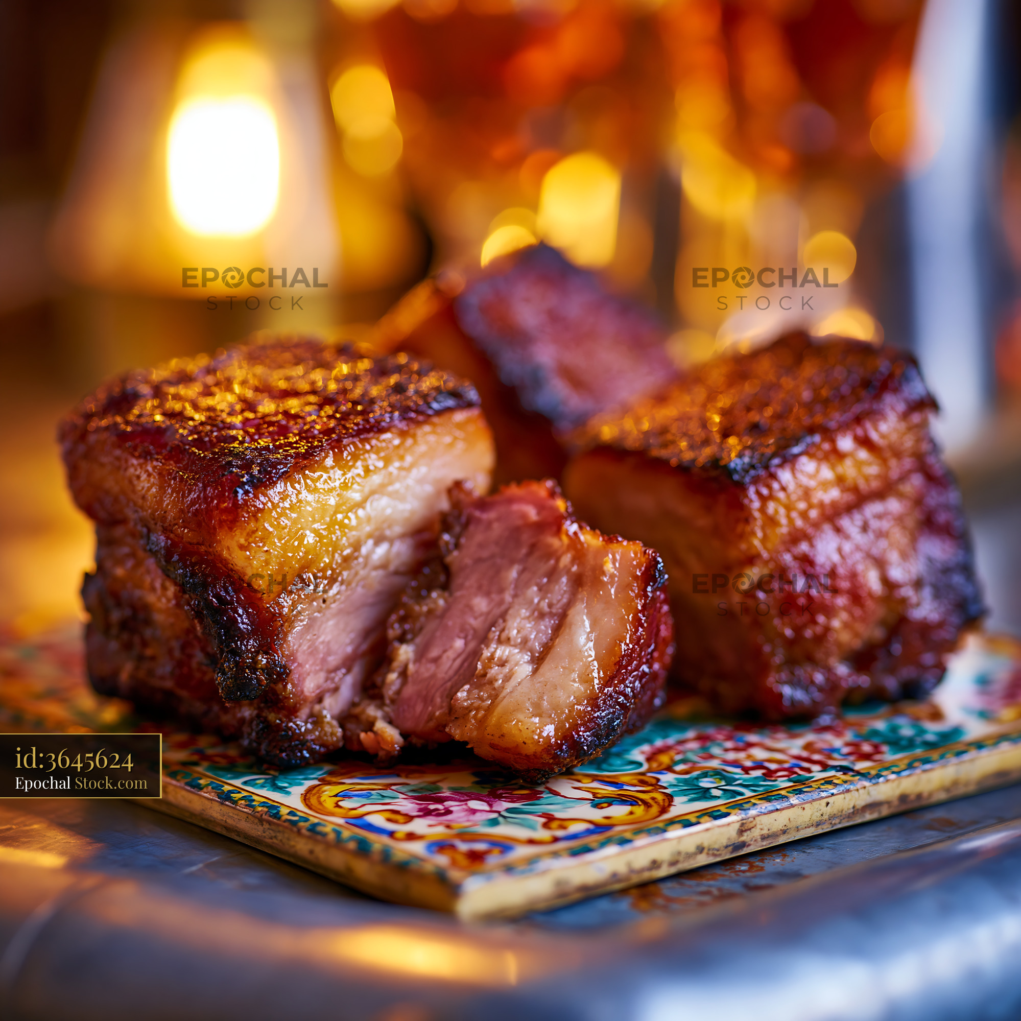 Traditional rillons de tours meat cubes on a decorative ceramic tile - stock photo