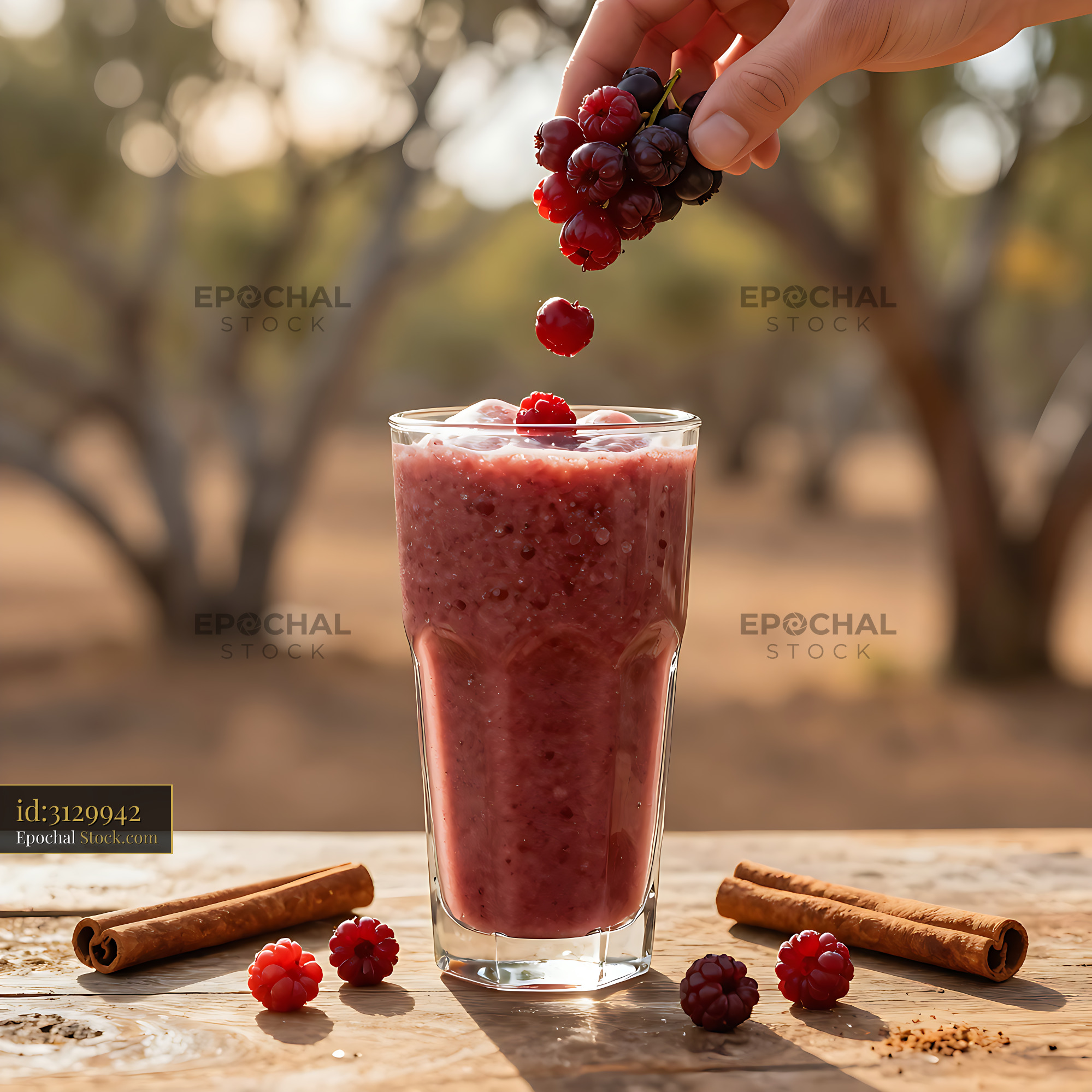 Hand adding fresh berries to a Muntries Mosaic smoothie outdoors - stock photo