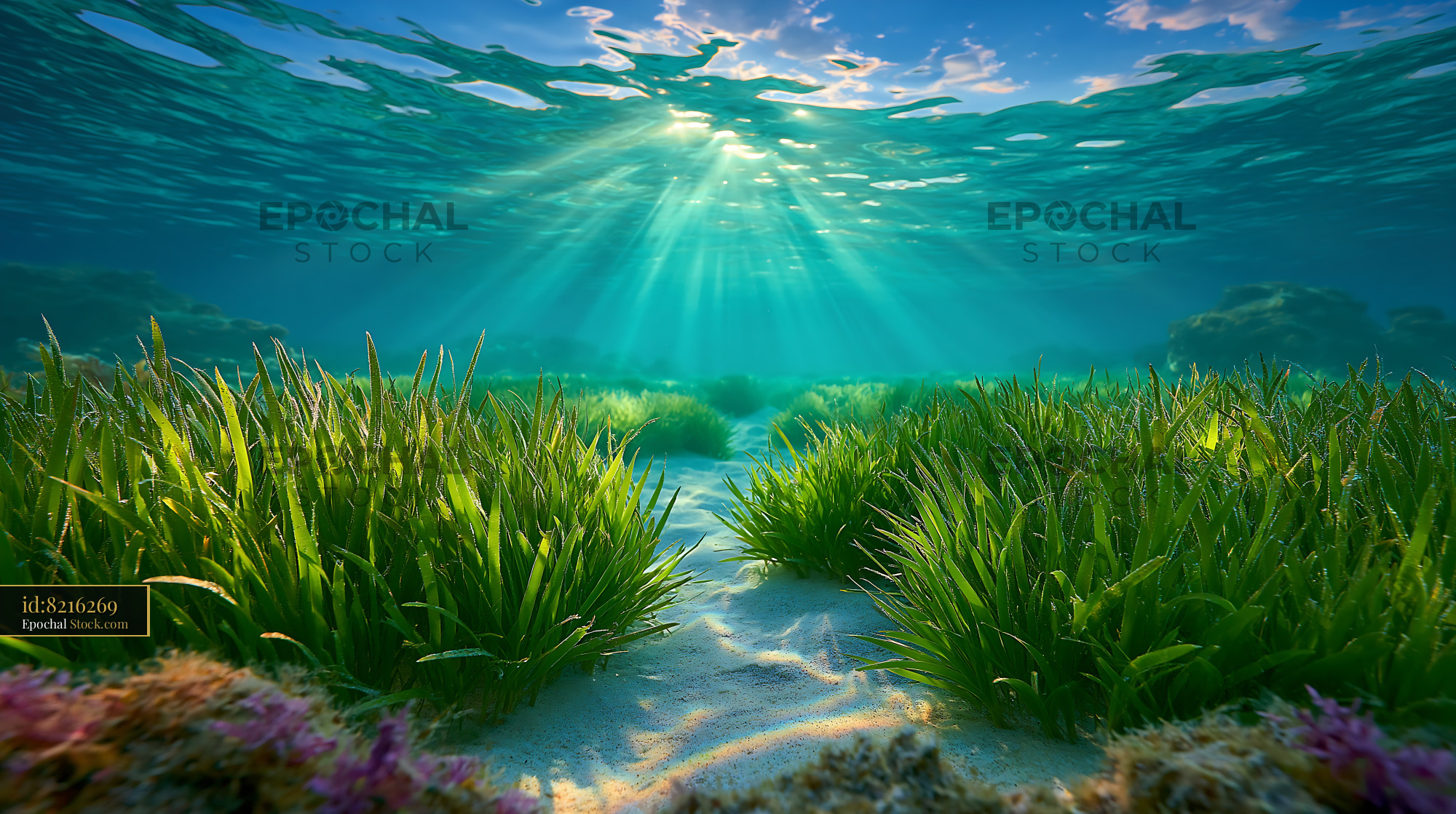 Seagrass meadow on a sandy seabed with sun rays under the ocean - stock photo