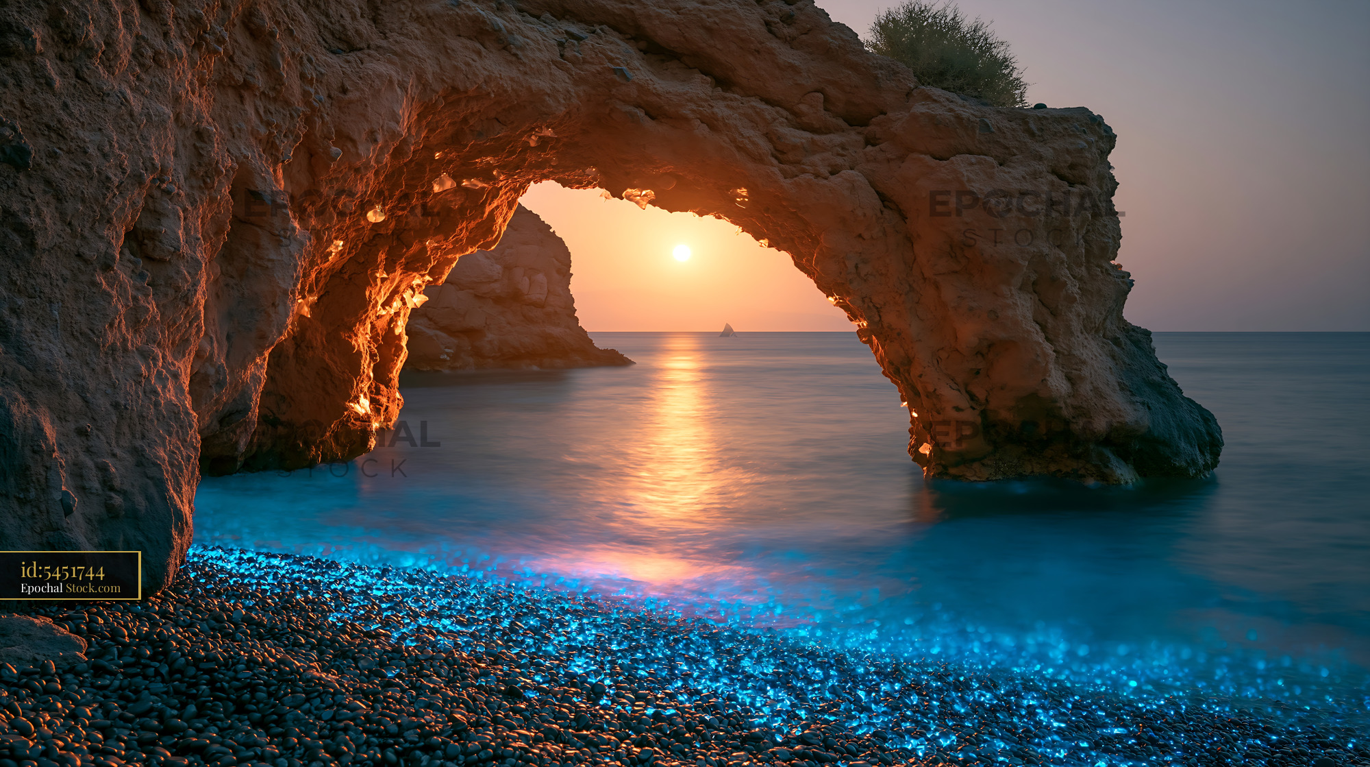 Sunset through natural rock arch over bioluminescent basalt beach - stock photo