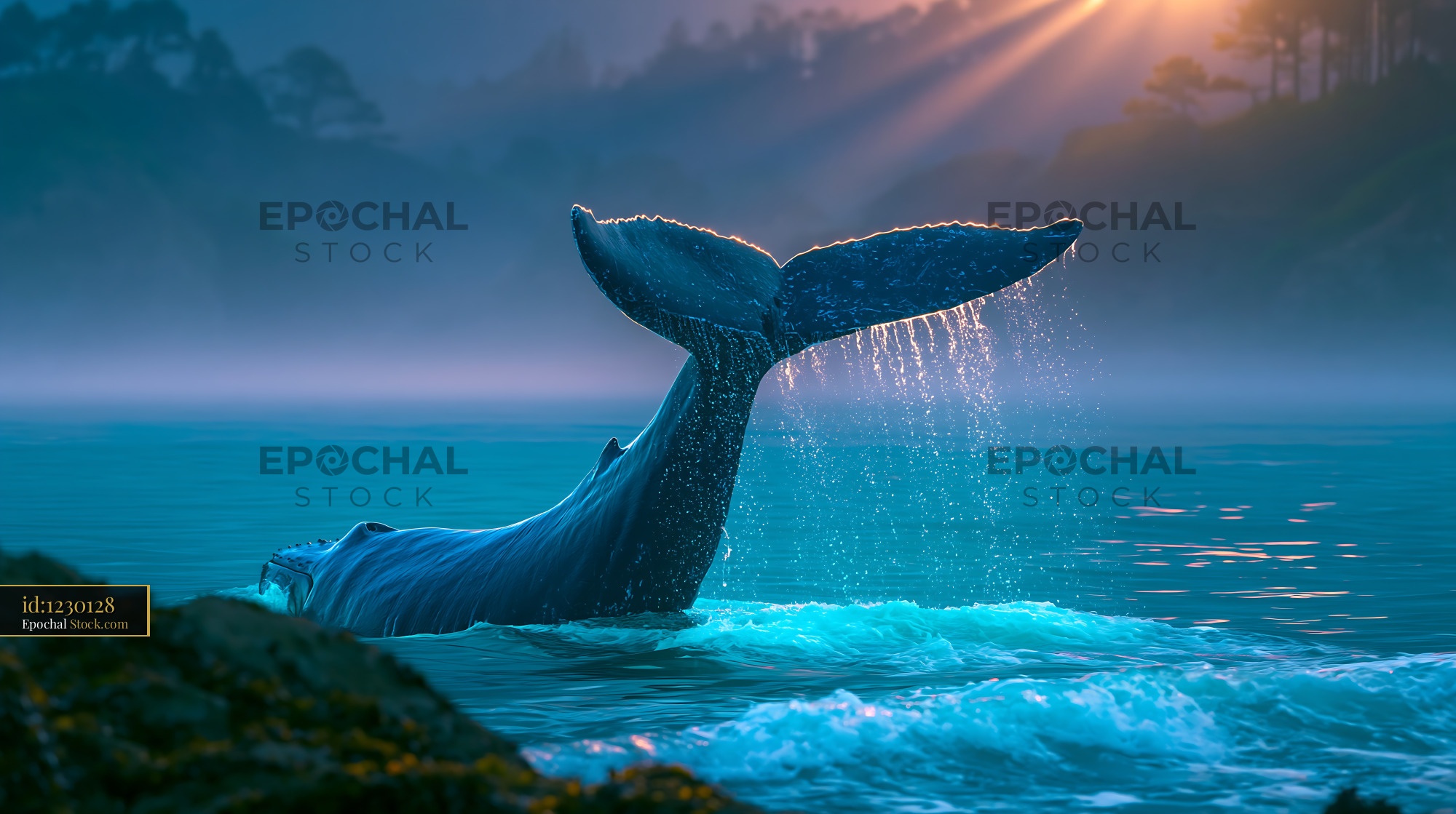 Humpback whale tail breaching the water during a misty sunrise - stock photo