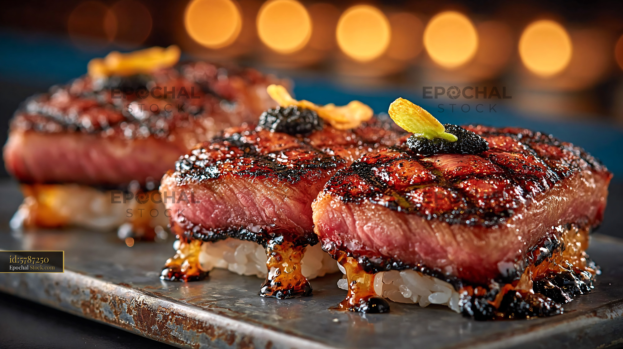 Gourmet aburi wagyu sushi topped with caviar and garlic chips - stock photo