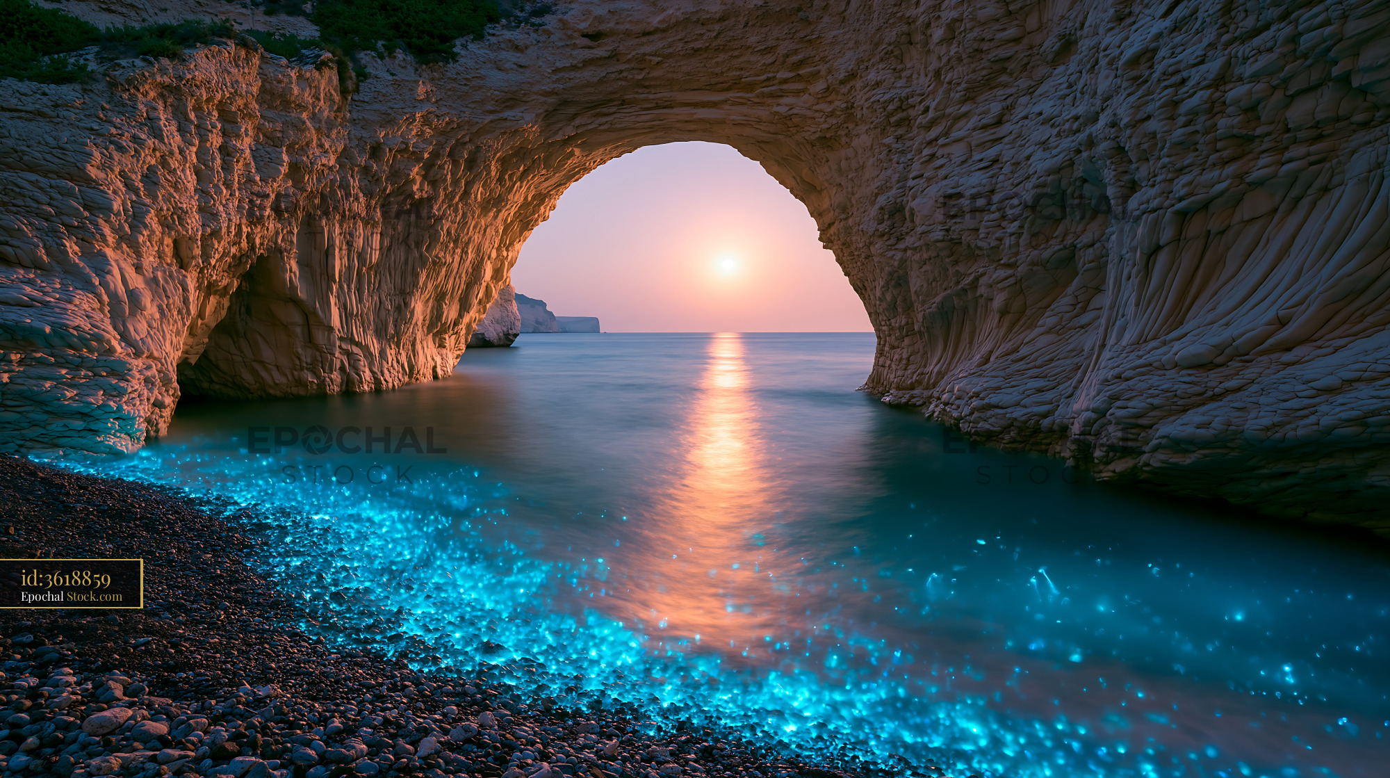 Natural sea cave arch over deep grey volcanic grit beach at sunset - stock photo