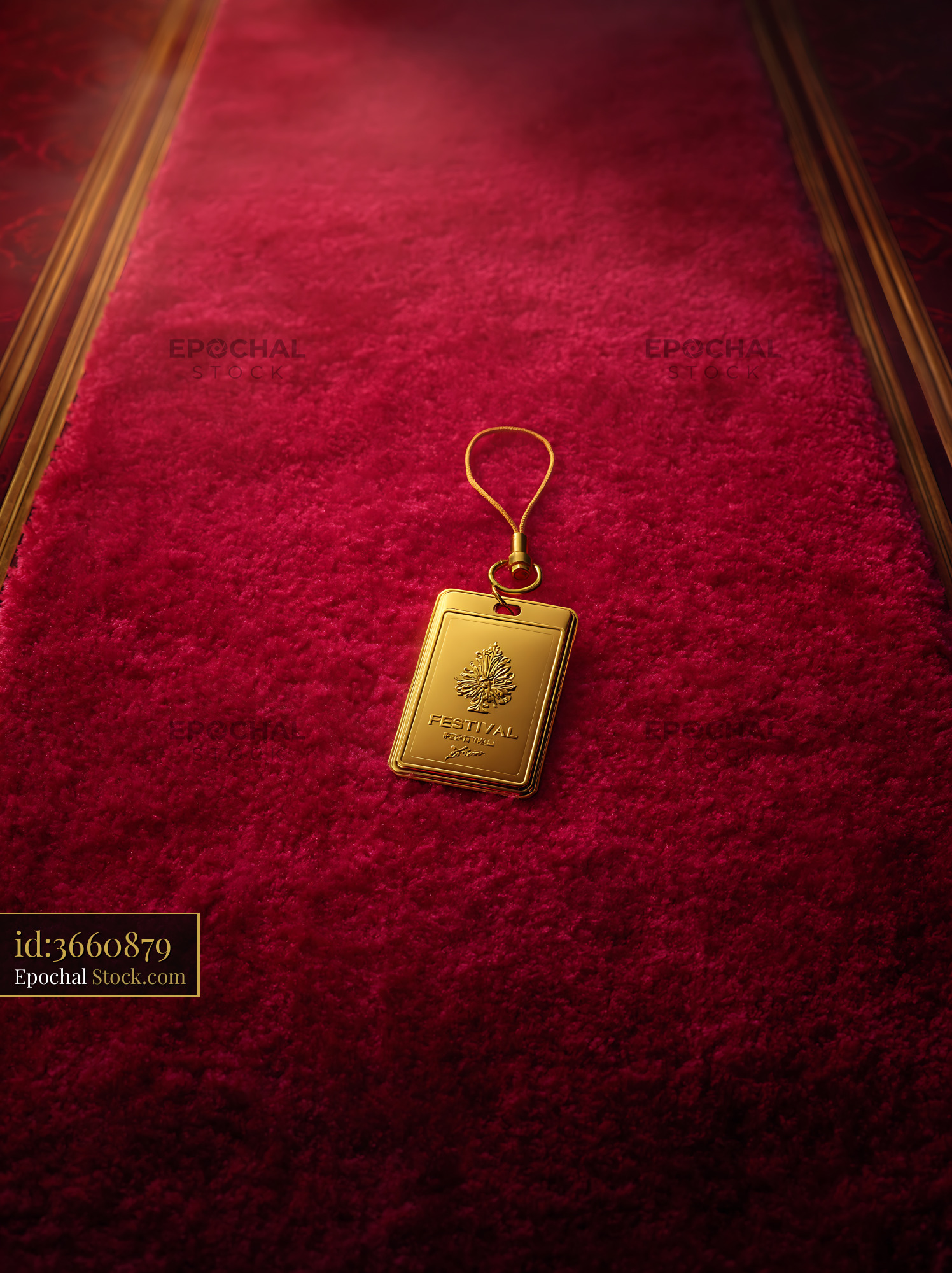 Golden festival VIP pass on a luxury red carpet at a cinema event - stock photo