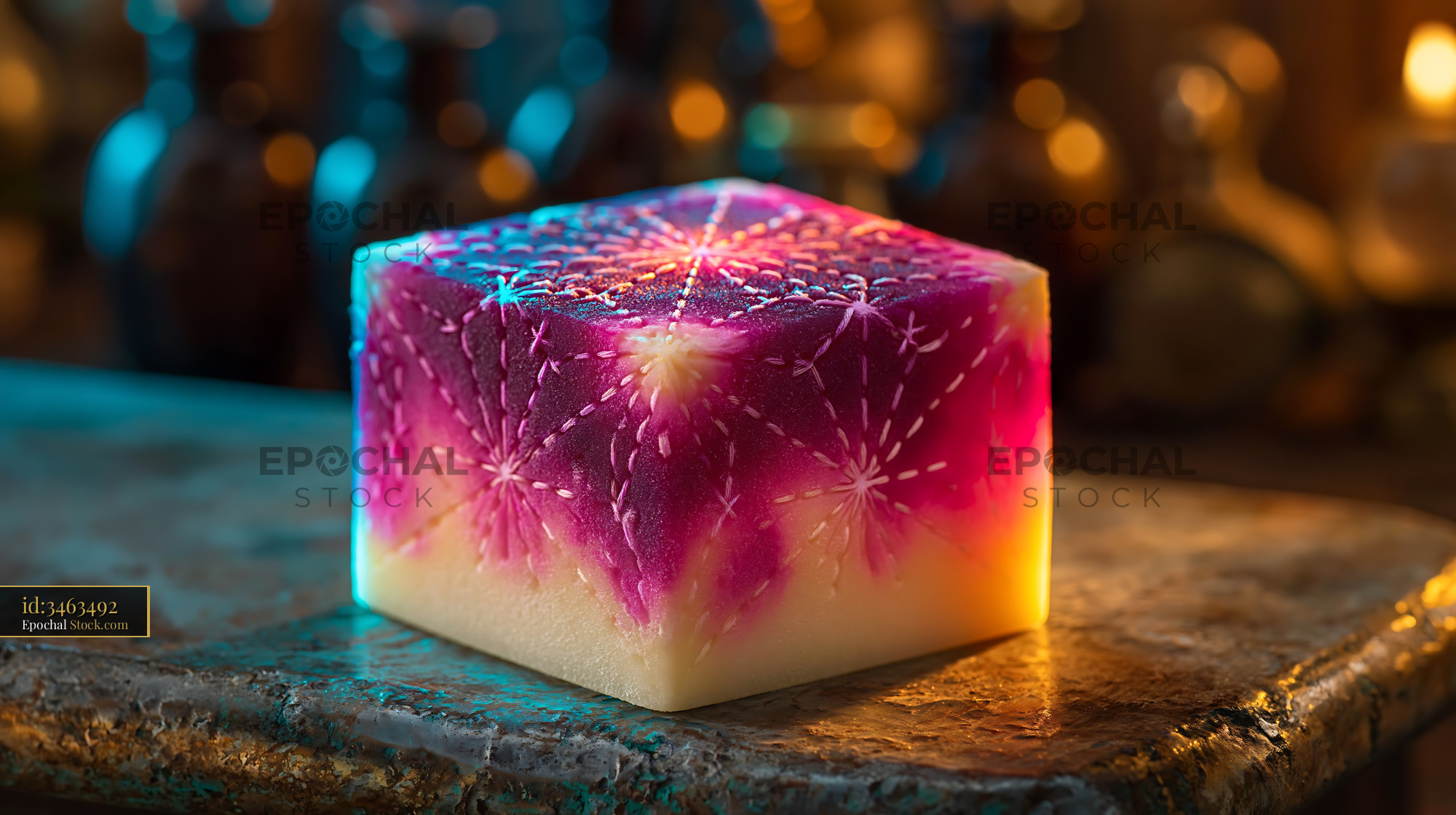 Handcrafted glowing cube with star patterns on a textured surface - stock photo