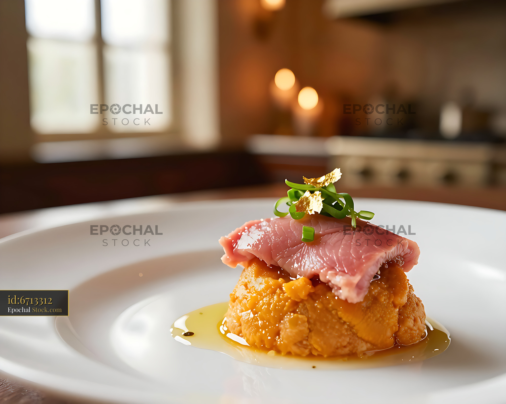 Gourmet beef tongue with sea urchin custard served on a white plate - stock photo