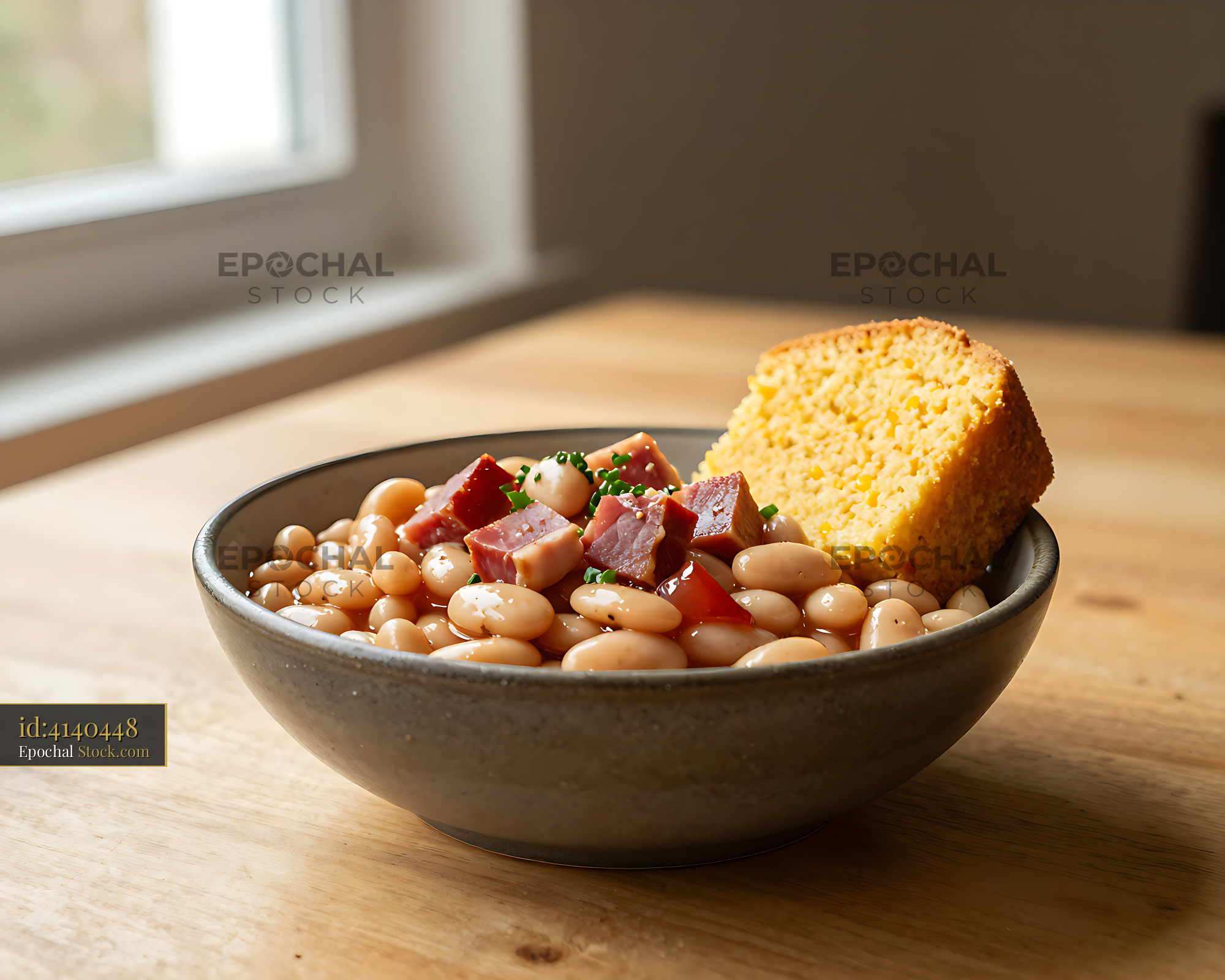 Appalachian ham and soup beans with cornbread in a rustic bowl - stock photo