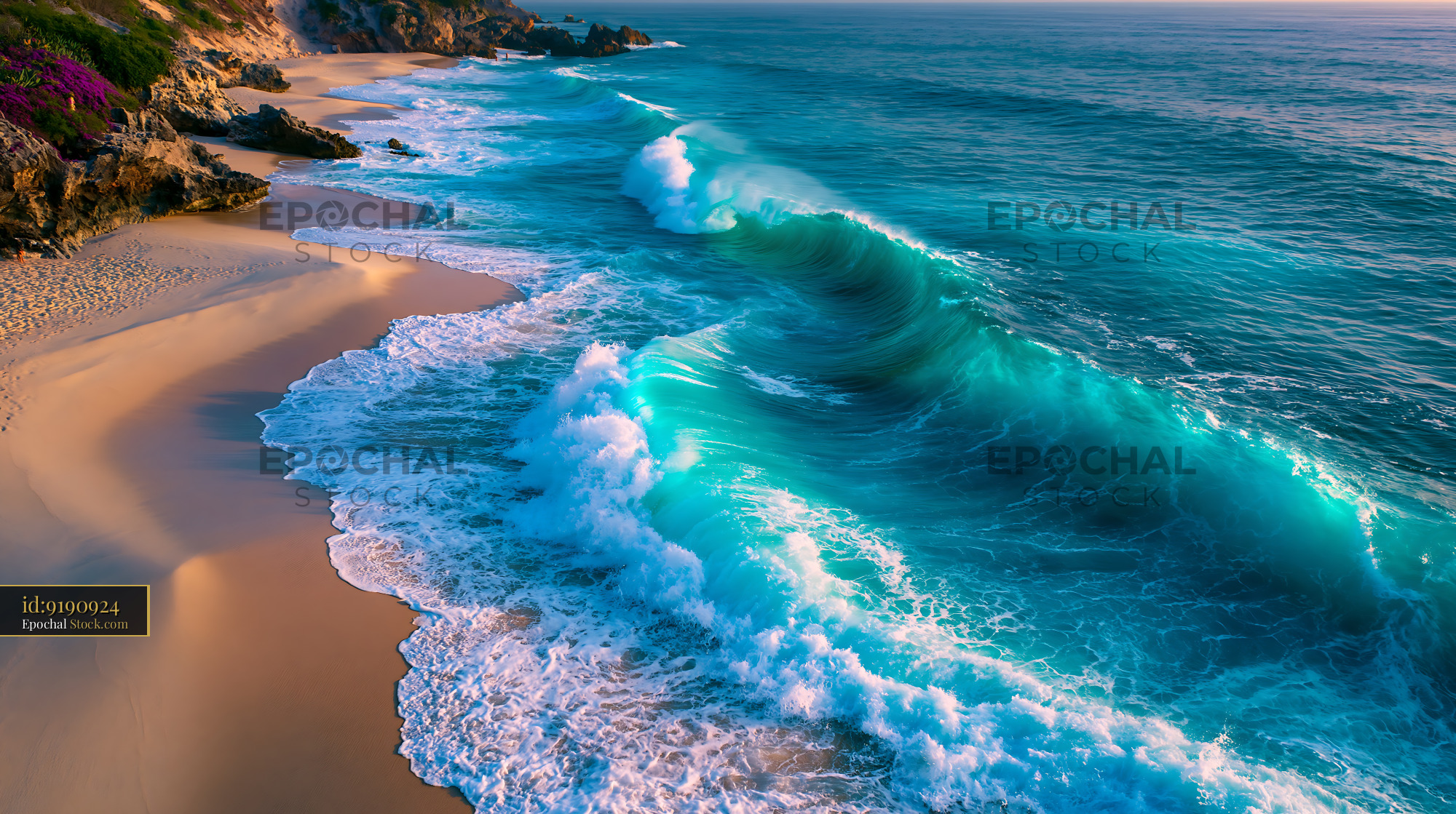 Midday surf break with turquoise waves crashing on a sandy beach - stock photo