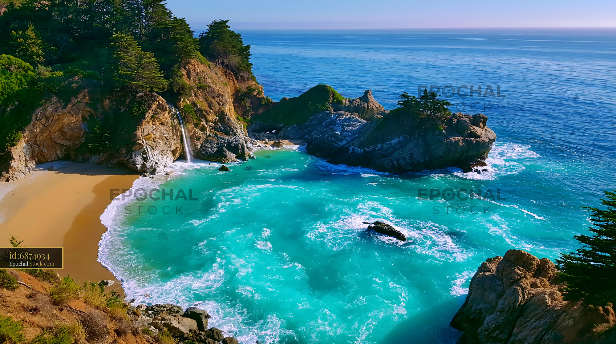 McWay Falls waterfall cascading onto a sandy beach at Big Sur coast - stock photo