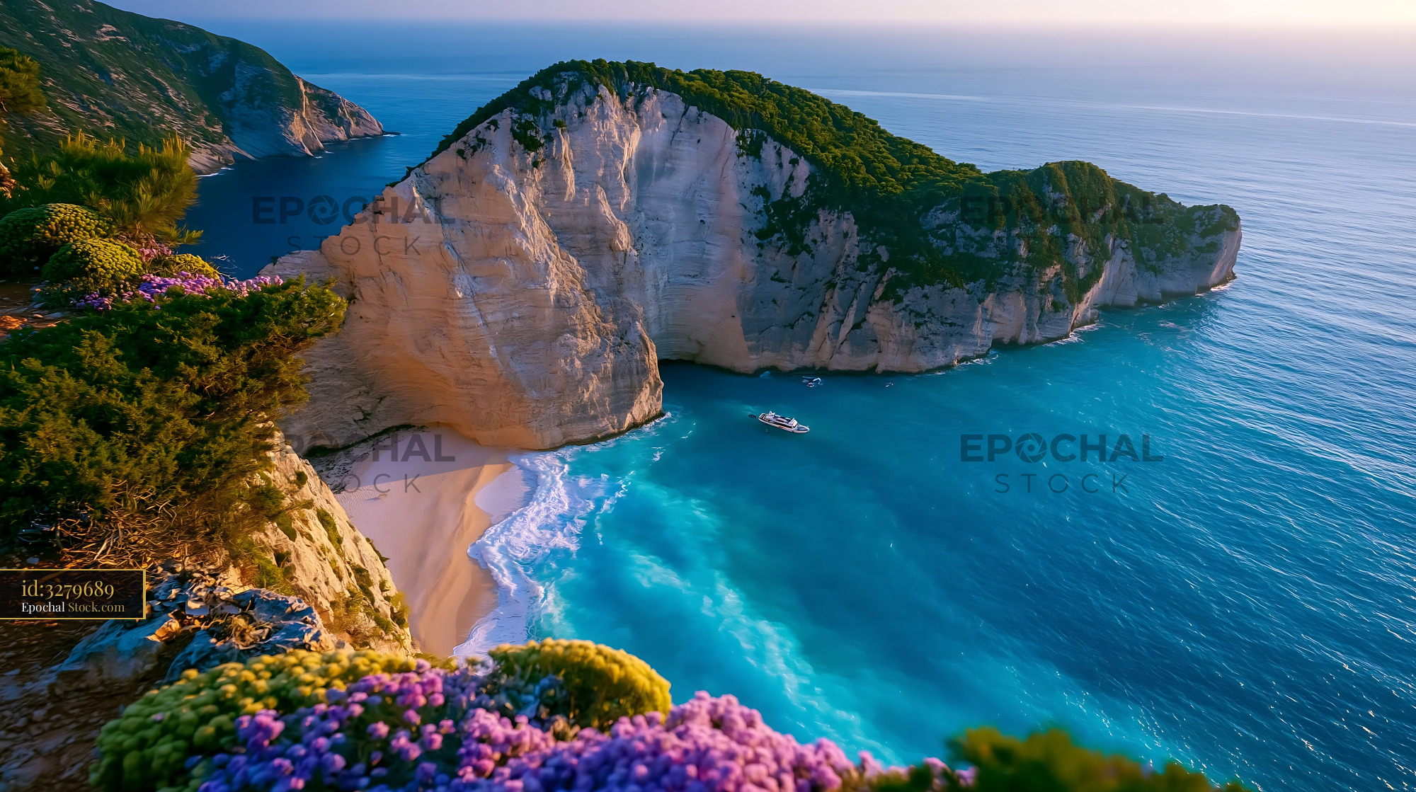 Navagio Beach aerial view at sunset with turquoise water and cliffs - stock photo