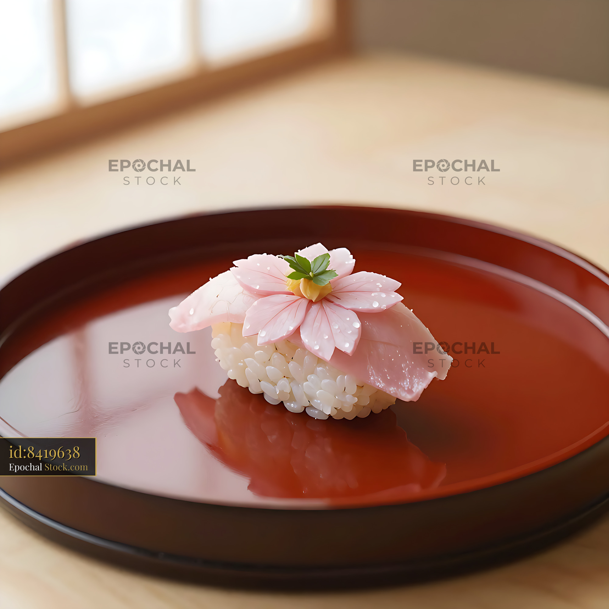 Sakura temarizushi sushi decorated with cherry blossom on lacquer tray - stock photo