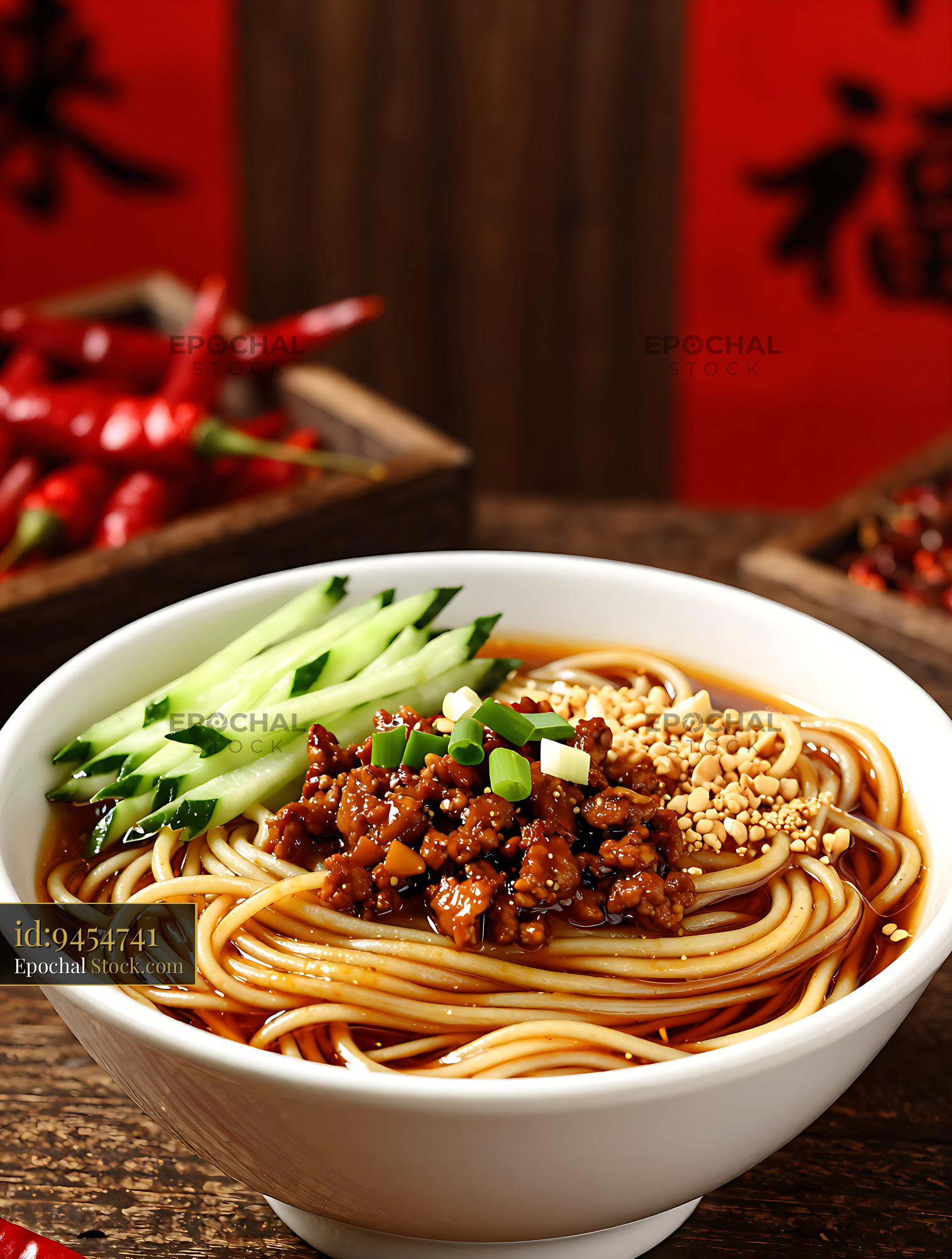Bowl of Sichuan-style zhajiangmian noodles with minced meat and cucumb - stock photo