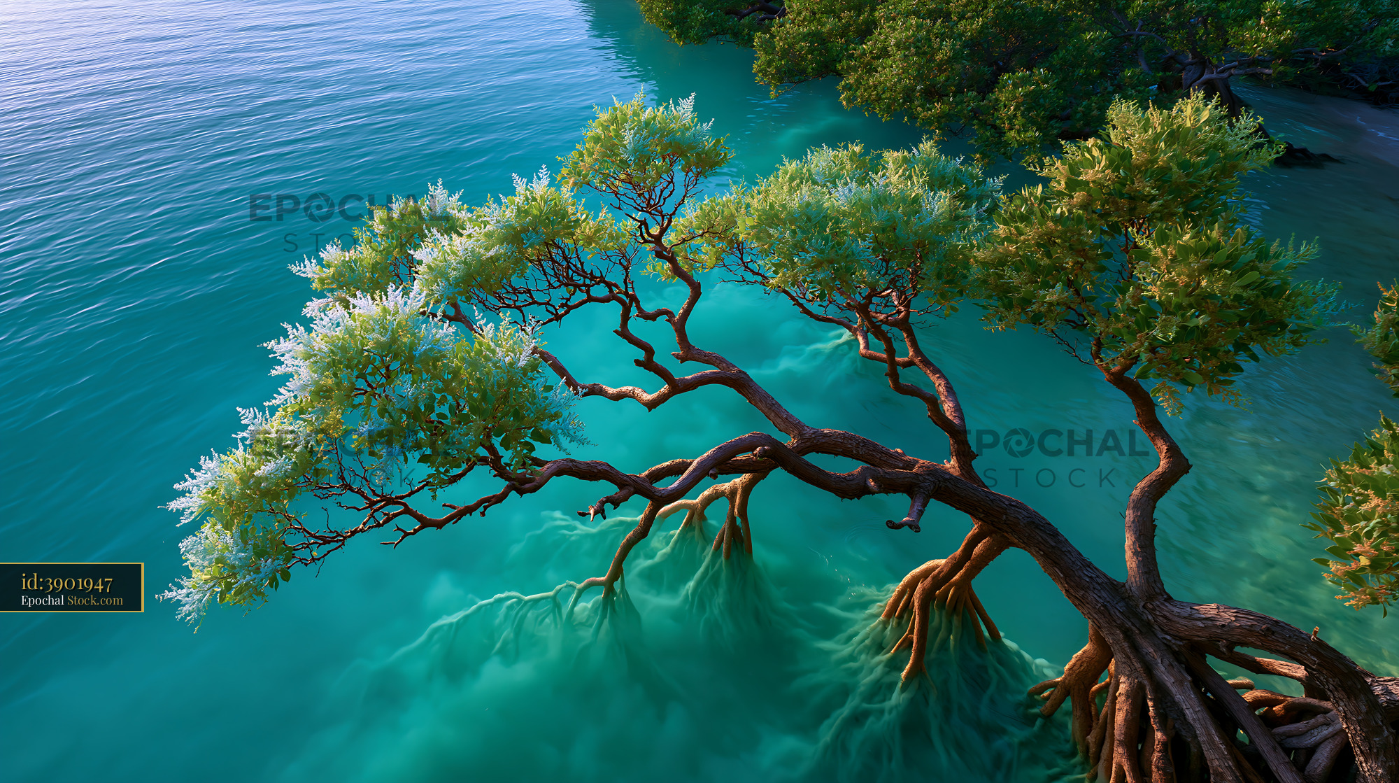 Tropical tree with roots in turquoise water near Durdle Door arch - stock photo