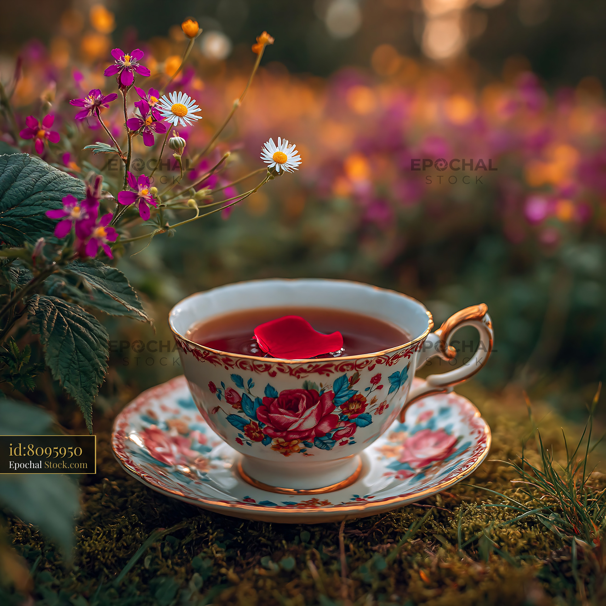 Vintage floral teacup with a rose petal in a sunny flower meadow