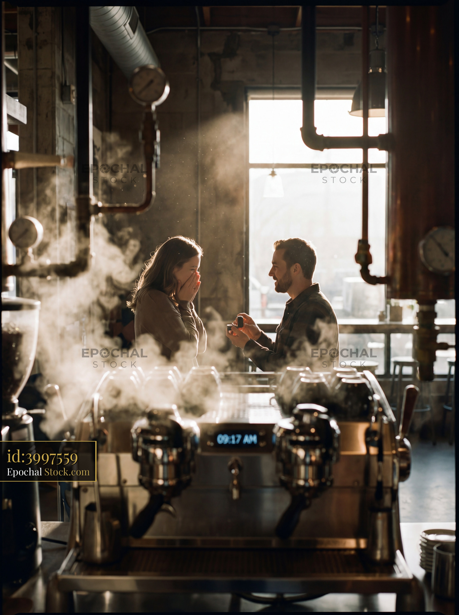 Couple talking in coffee shop in the morning - stock photo