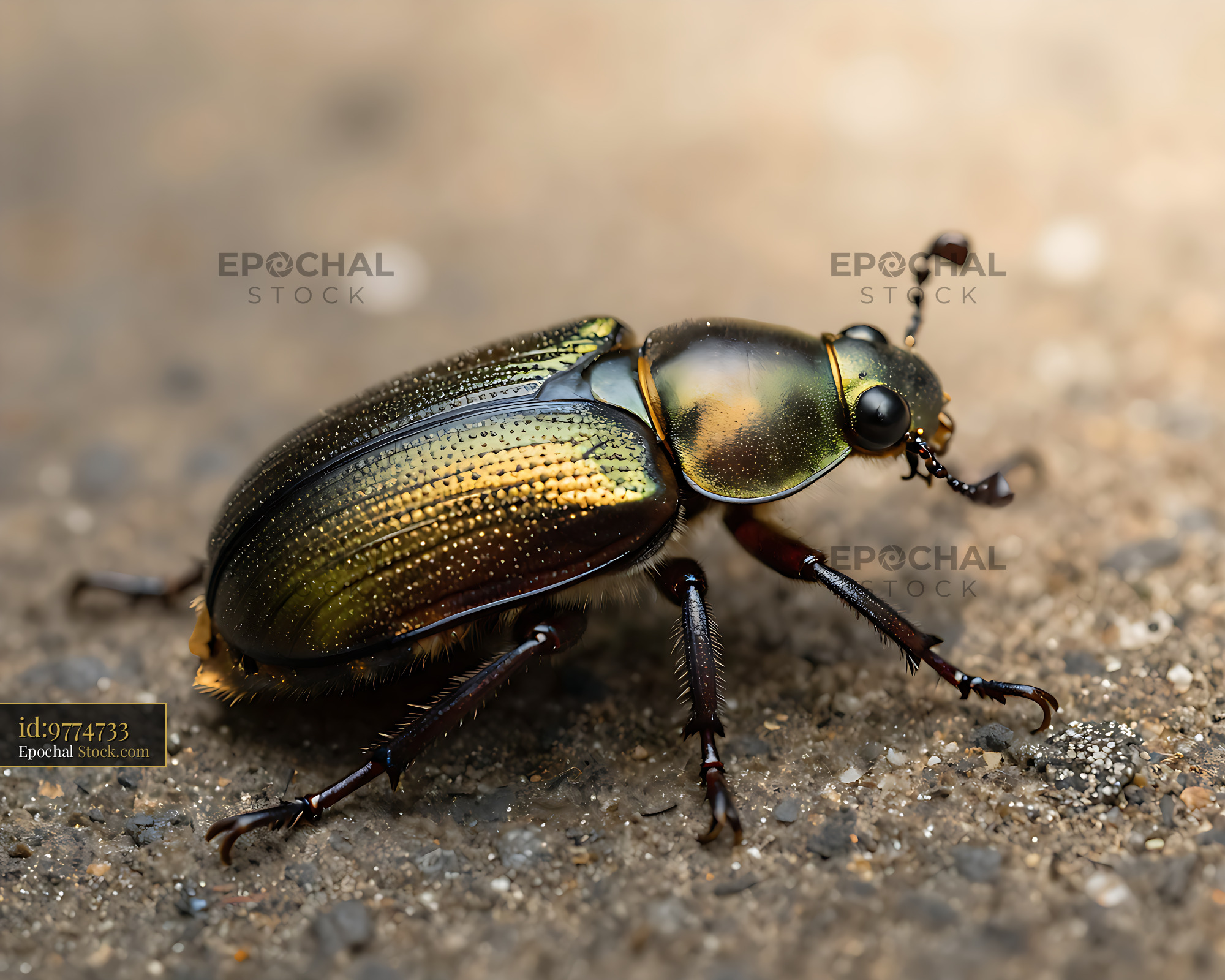 Iridescent ground beetle carabus auronitens on gravel surface - stock photo