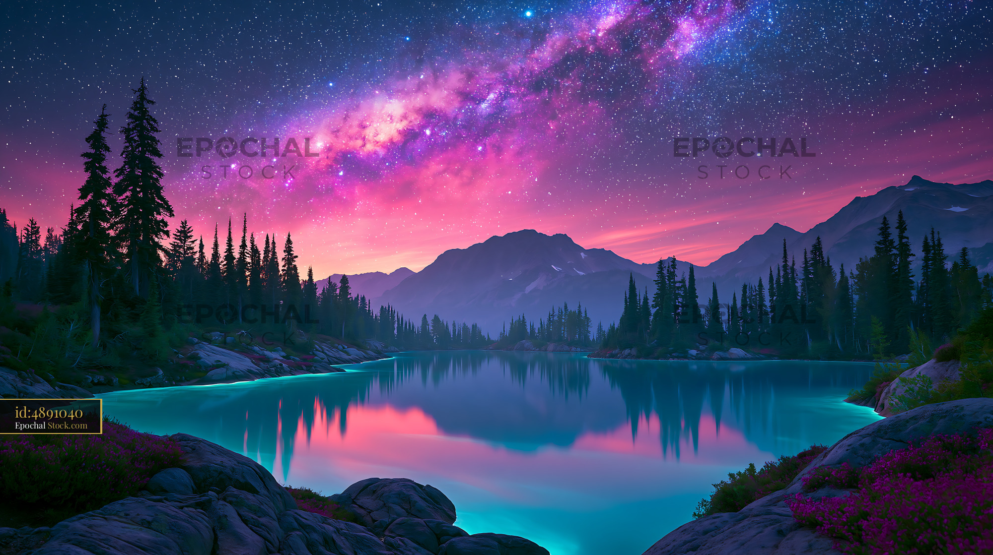 Vibrant Milky Way over mountain lake and rocky shore at night - stock photo