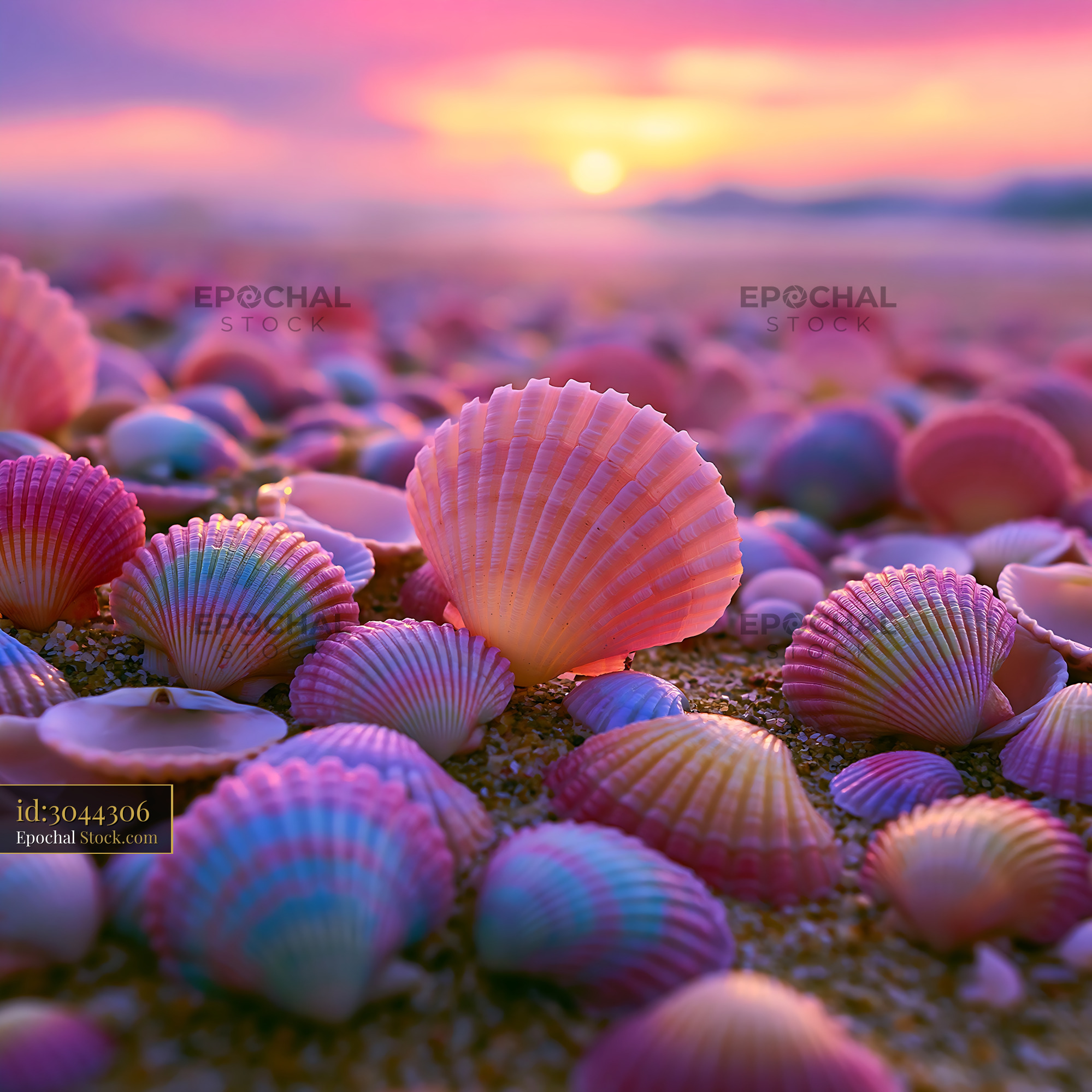Colorful seashells on a sandy beach during a vibrant pink sunset