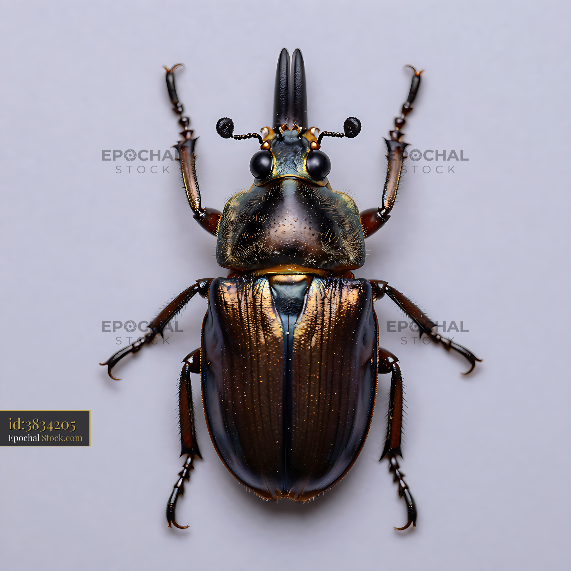 Bombardier beetle specimen with iridescent shell on white background - stock photo