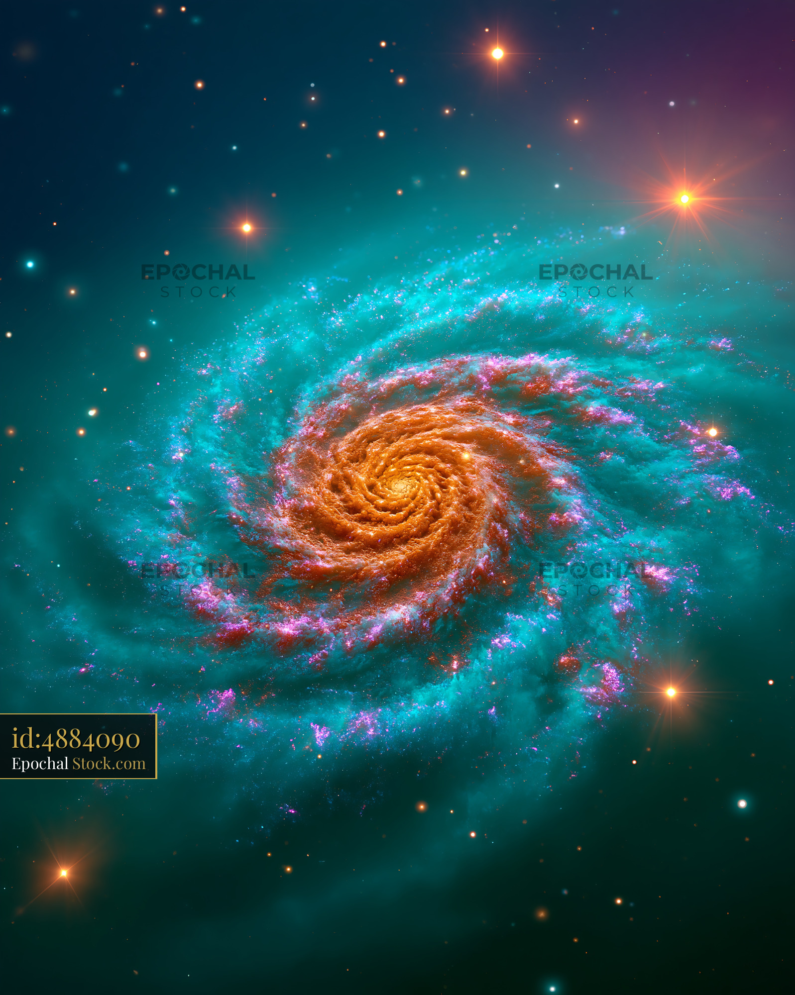 Vibrant spiral galaxy with glowing orange core and teal cosmic dust - stock photo