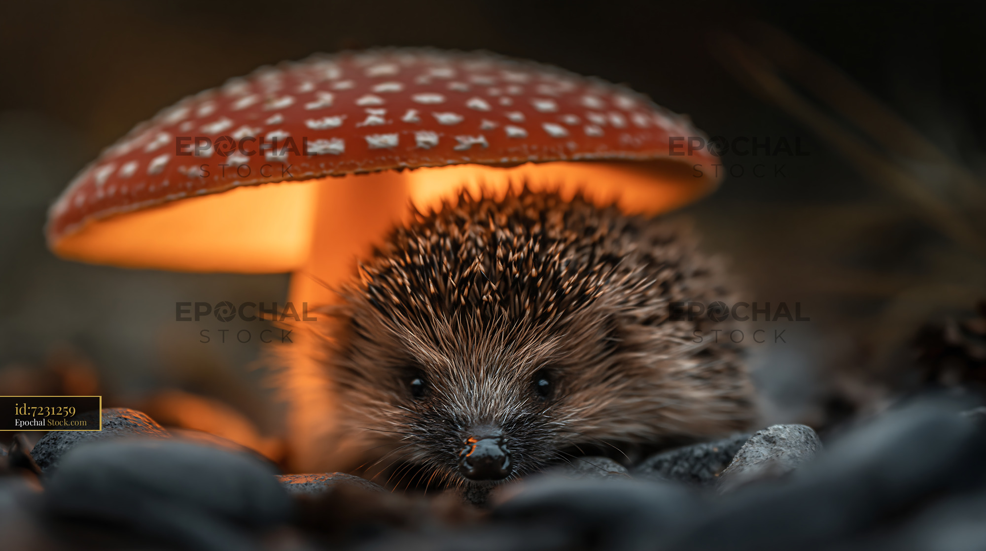 Cute hedgehog seeking shelter under a glowing red fly agaric mushroom - stock photo